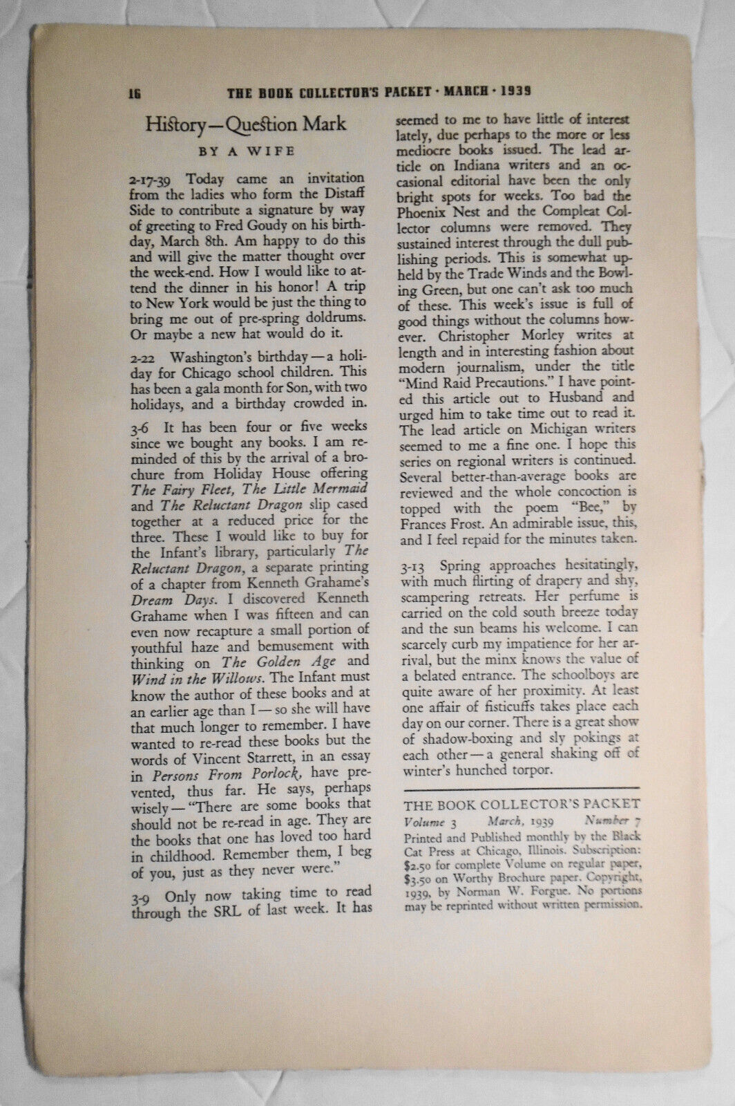 Book Collector's Packet, March 1939 - First Editions of Llewelyn Powys, etc..