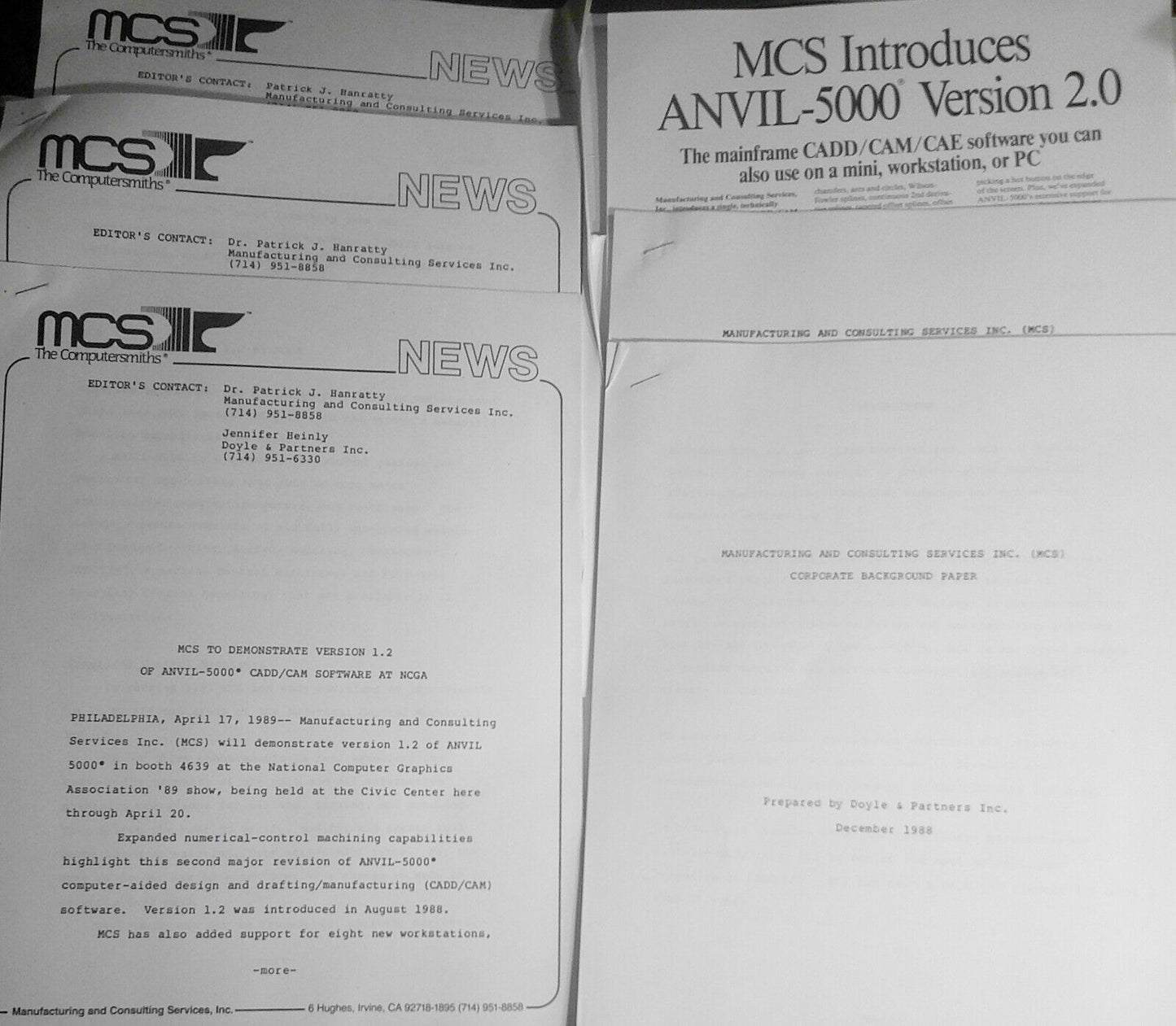 ANVIL-5000 3D CADD/CAM Software Press Kit, 1989. By MCS.