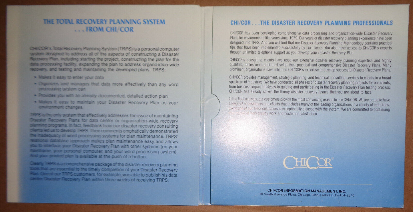 ChiCor Total Recovery Planning System - Demonstration Diskette 1989 for IBM PC