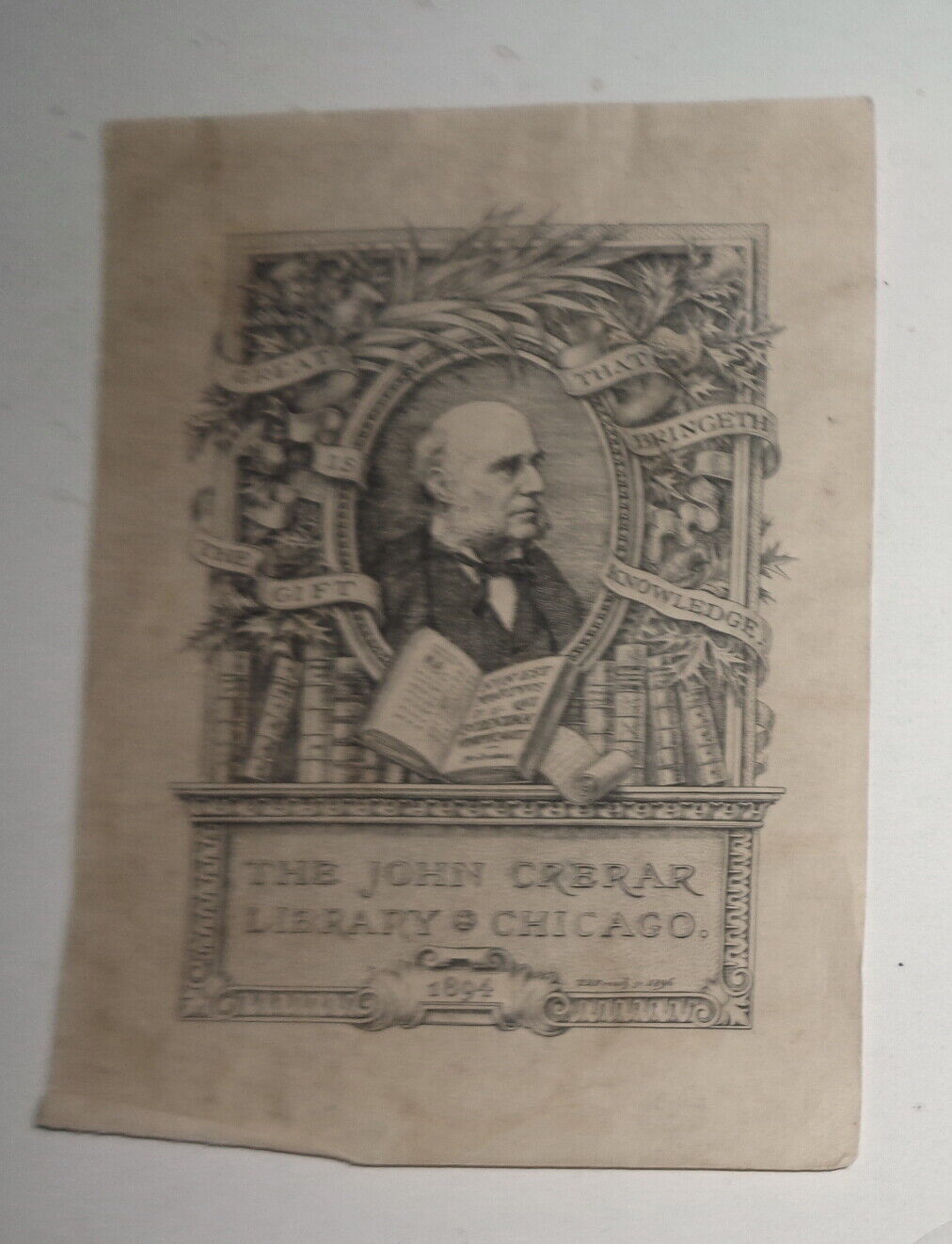 John Crerar Library,Chicago Ex-libris Bookplate, E D French. 1896 small version