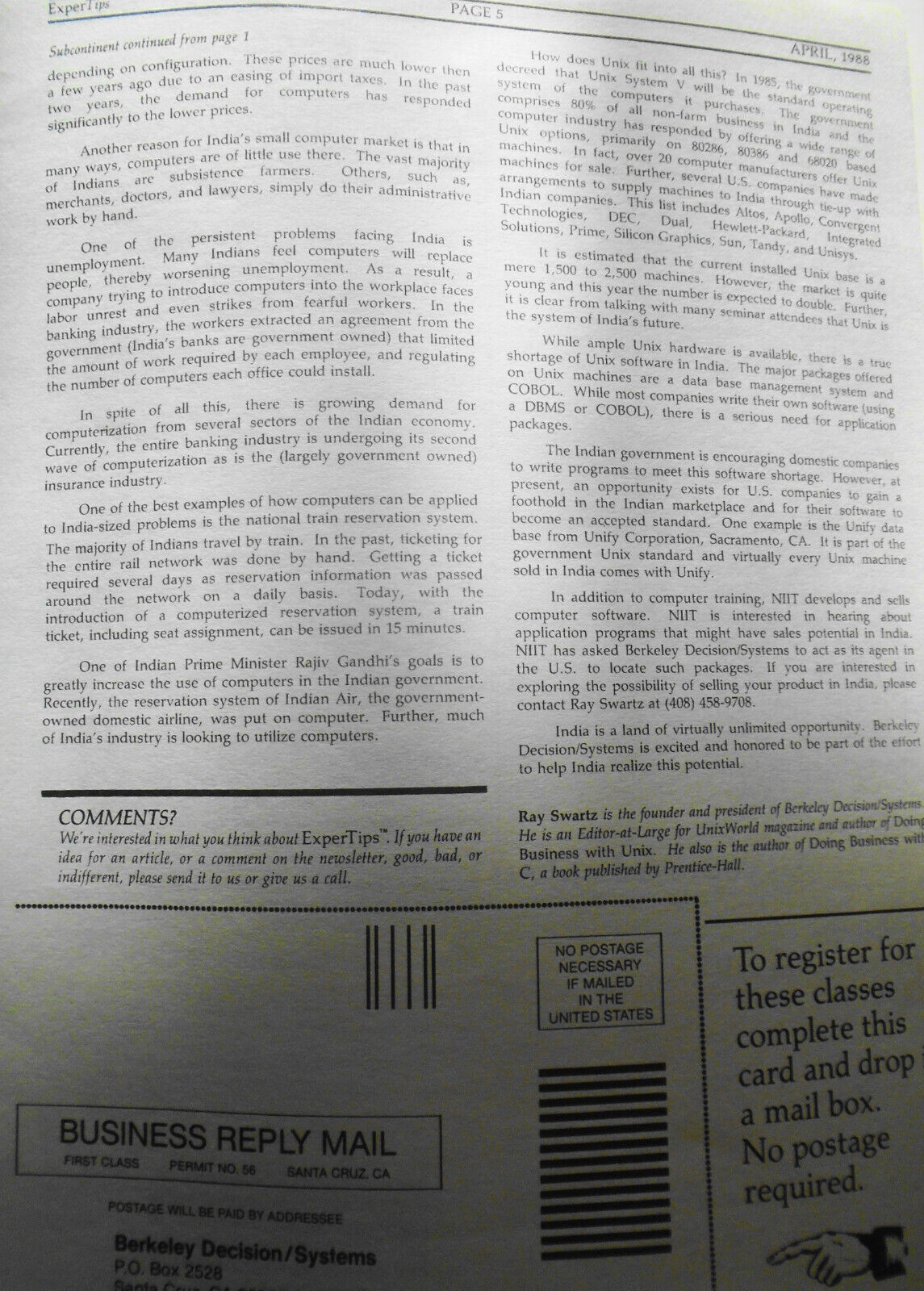 ExperTips, April 1988, A C and UNIX Newsletter - Vol. 1, No. 3