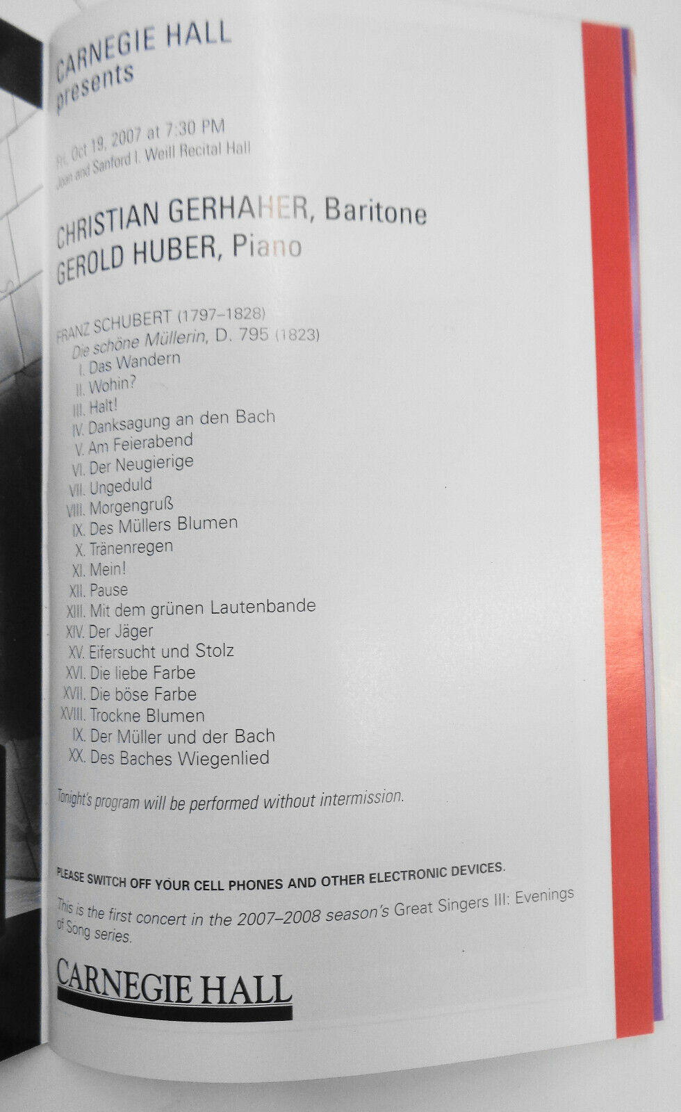 CHRISTIAN GERHAHER, BARITONE / GEROLD HUBER, PIANO CARNEGIE HALL PLAYBILL 2007