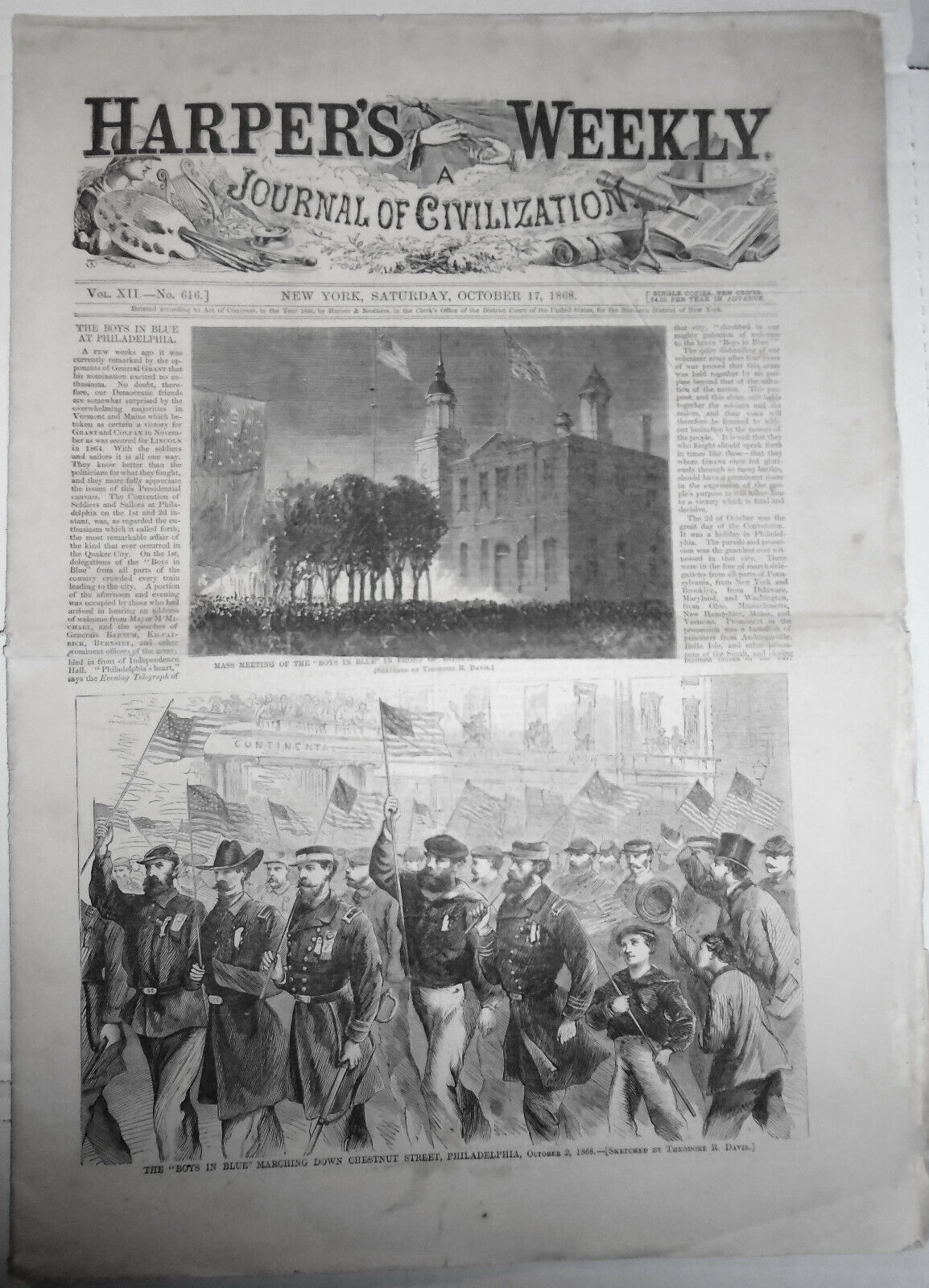 Harper's Weekly - Complete Original Oct 17, 1868 Boys In Blue, Country Church...