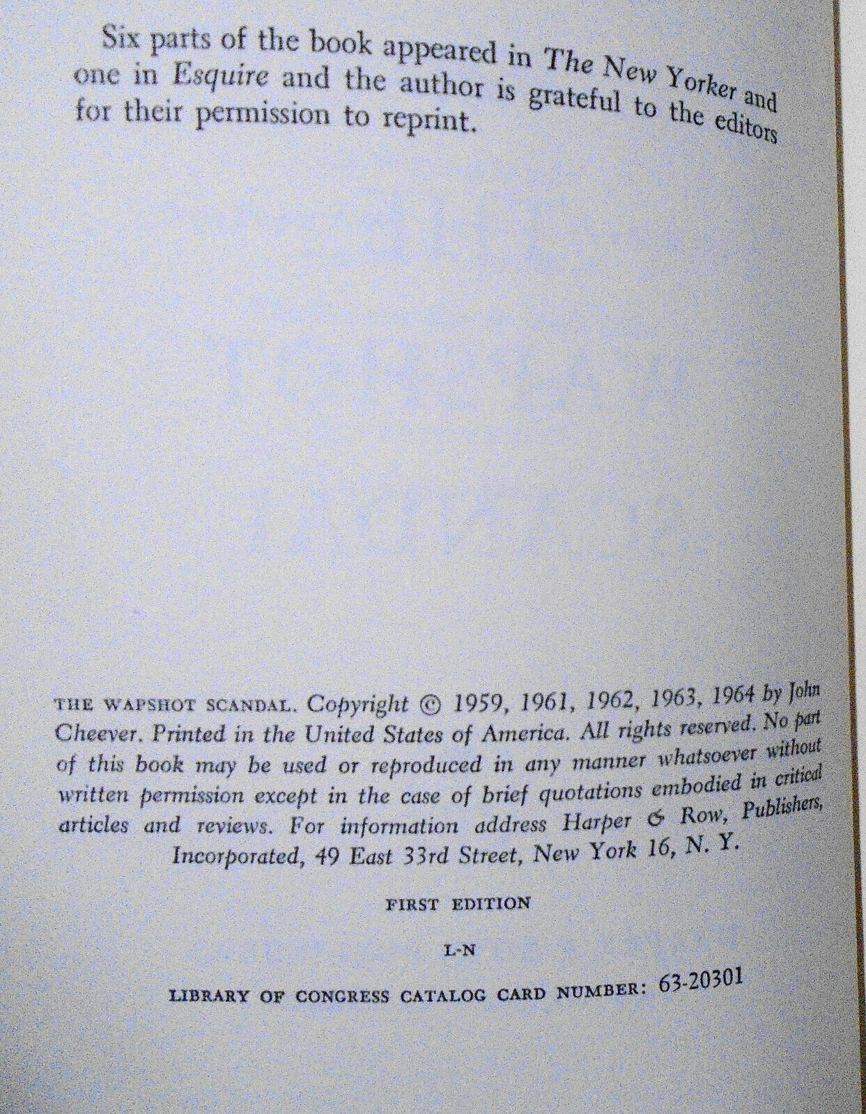 John Cheever, The Wapshot Scandal. First Edition, First Printing. 1964