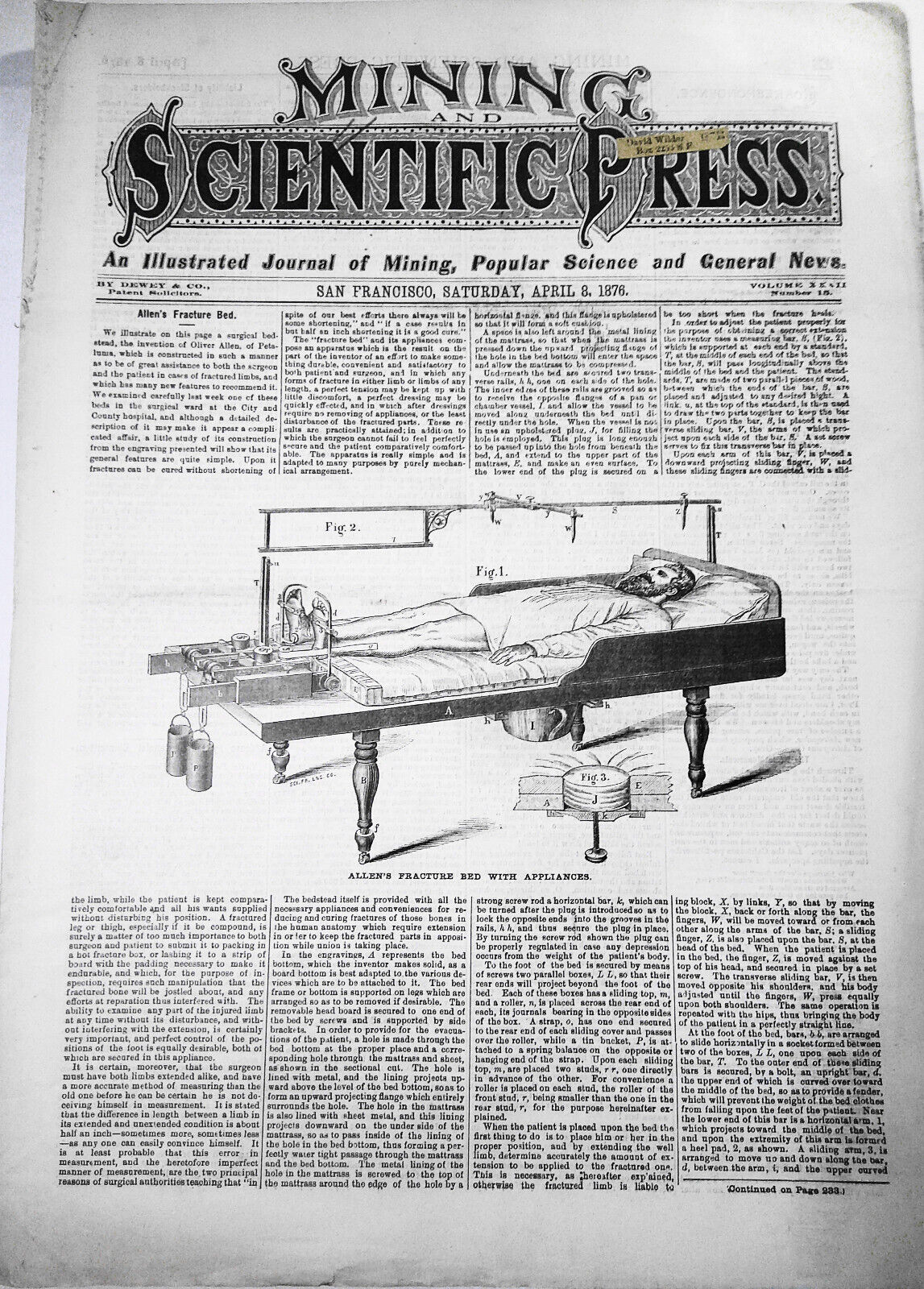 Mining and Scientific Press, April 8, 1876. Allen's Fracture Bed; etc