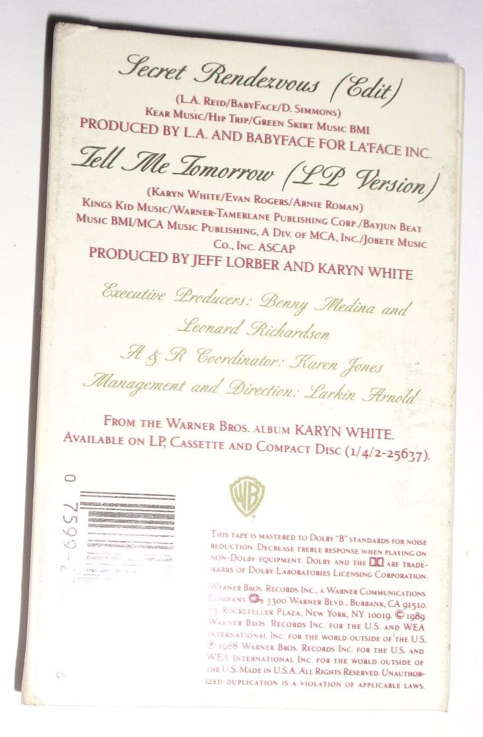 Karyn White – Secret Rendezvous / Tell Me Tomorrow Cassette Single 1988 Warner