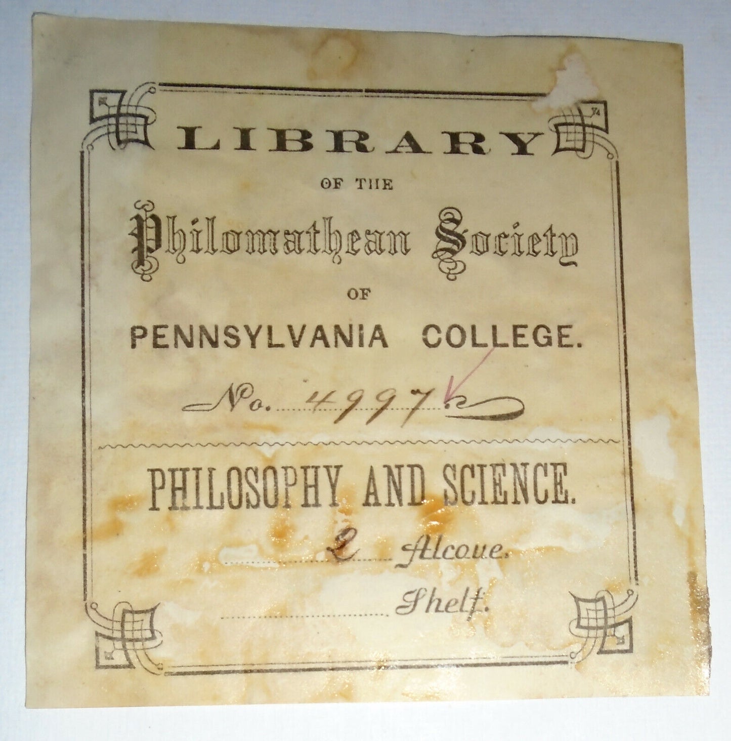 Library of Philomathaean Society Pennsylvania College Bookplate - Philosophy/Sci