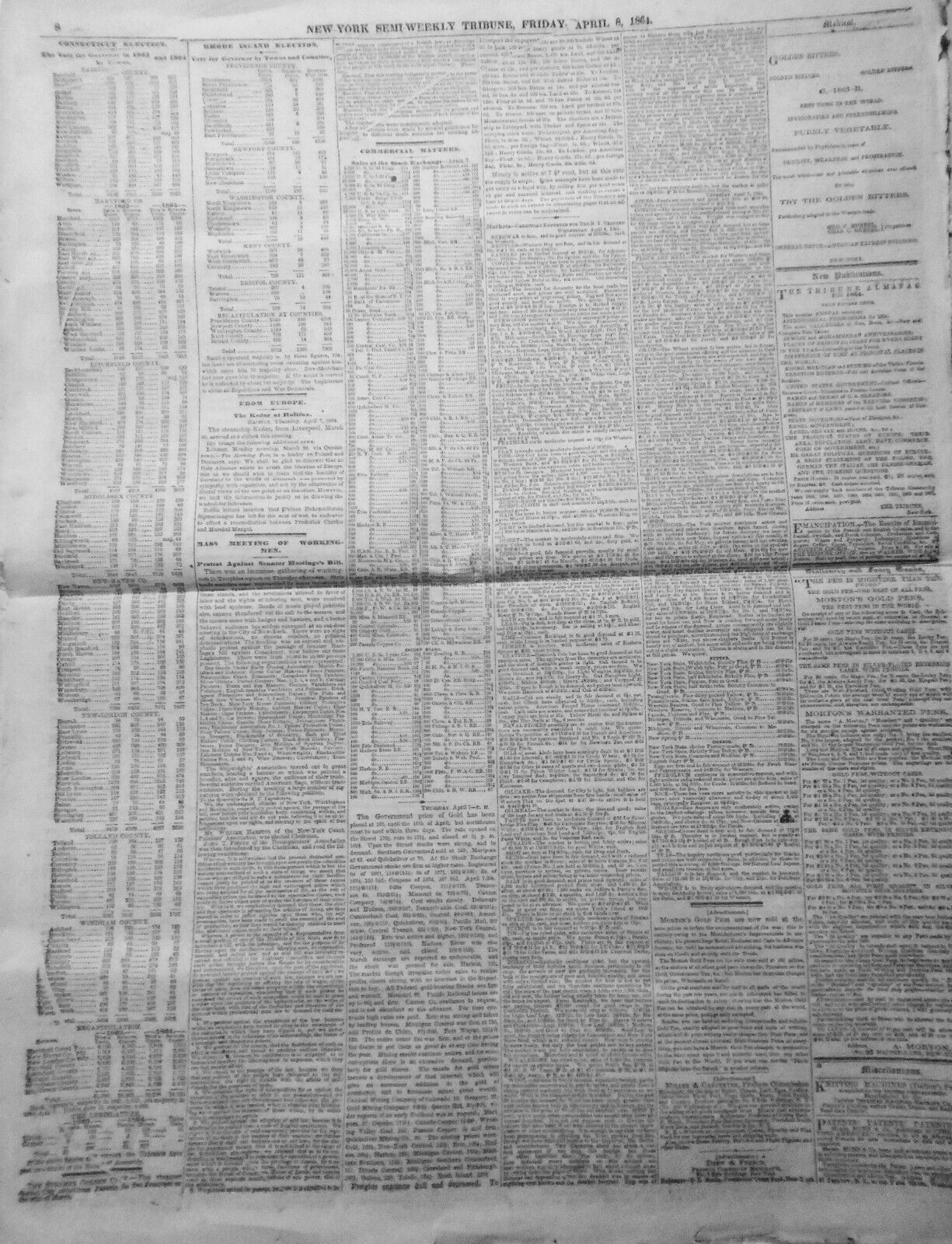 NEW YORK TRIBUNE, April 8, 1864 - Civil War; Irish on Slavery; Metropolitan Fair