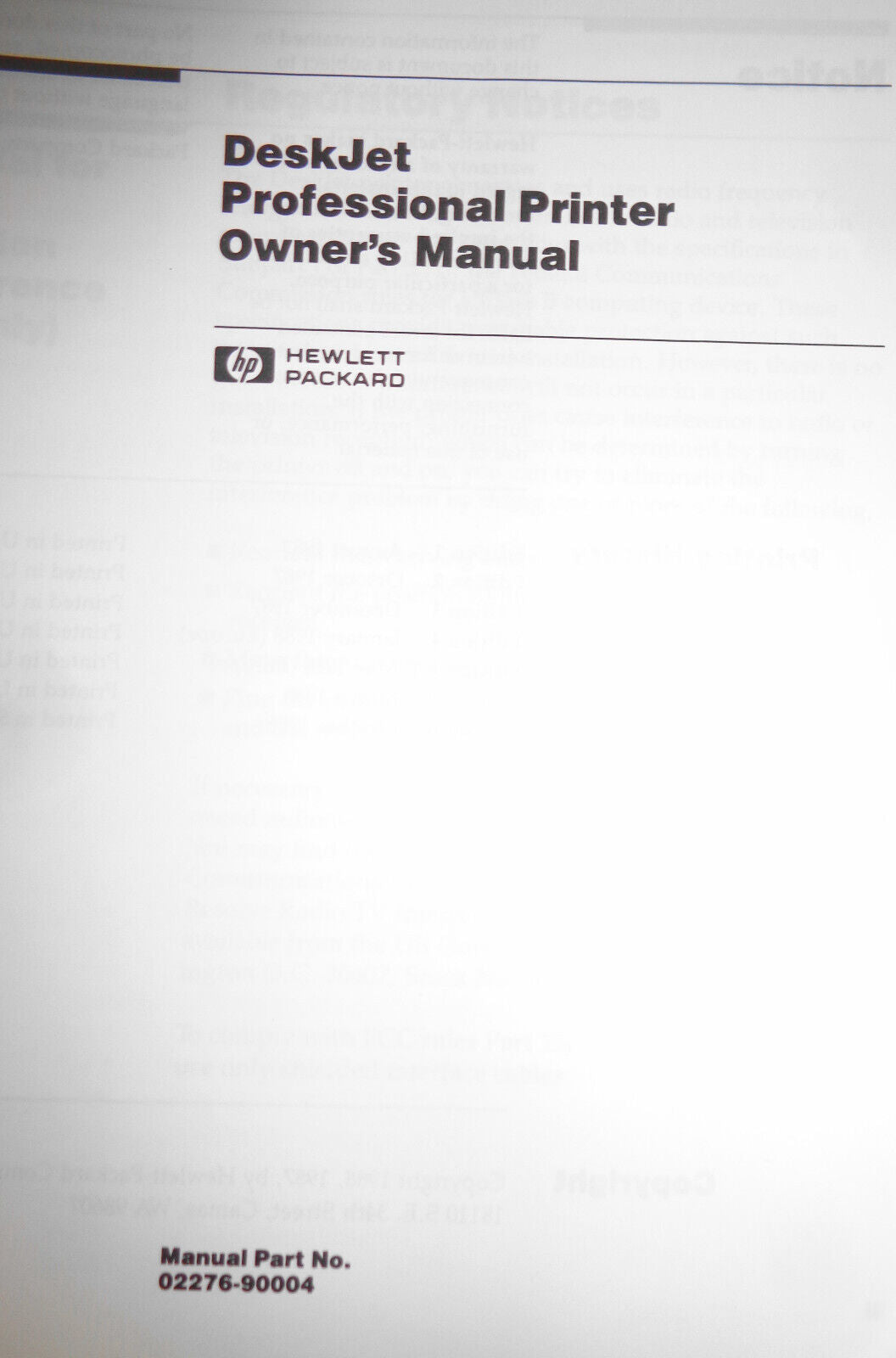 Hewlett-Packard DeskJet Professional Printer : Owner's Manual. 1988
