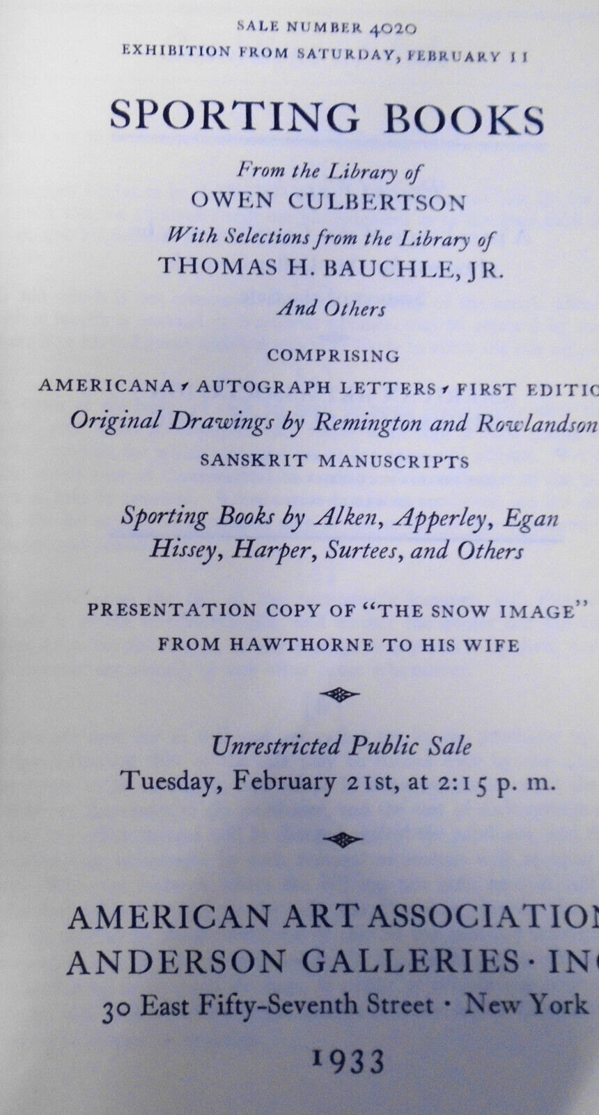 Sporting Books From The Library Of Owen Culbertson. 1933 Anderson Galleries