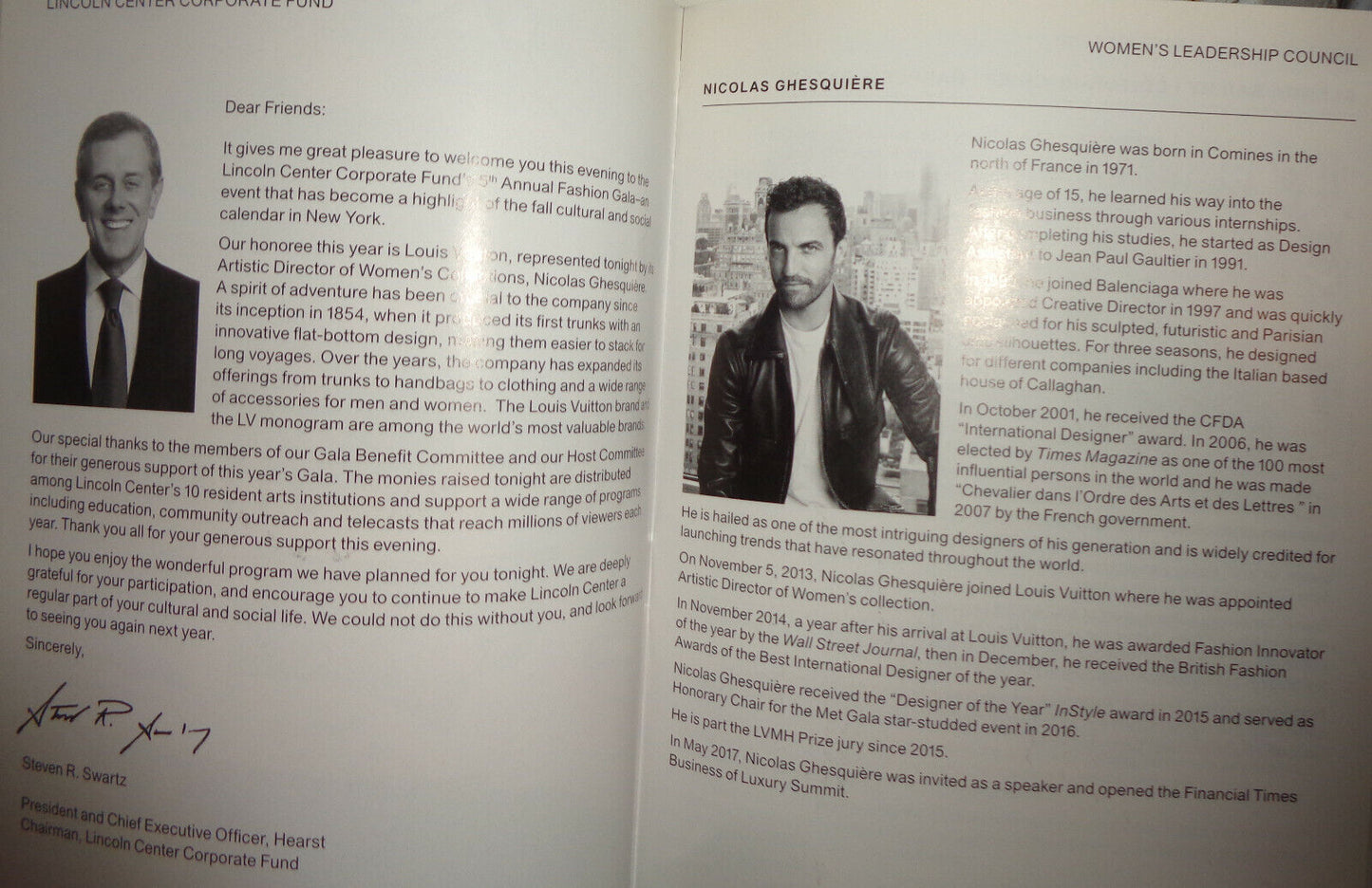 An Evening Honoring Louis Vuitton, Playbill, Lincoln Center, November 30, 2017