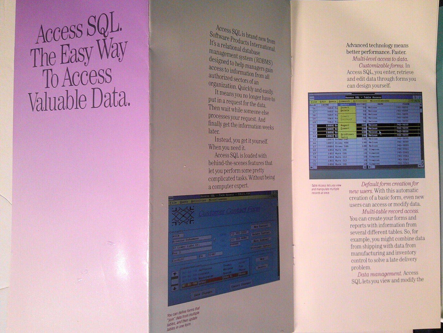 Introducing Access SQL, graphical database. Promotional brochure, 1989