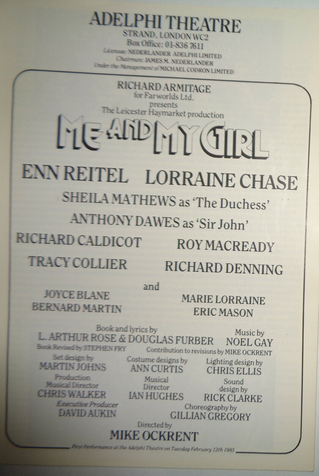 ME AND MY GIRL - THEATREPRINT PROGRAM - 1ST PERFORMANCE AT ADELPHI THEATRE 198