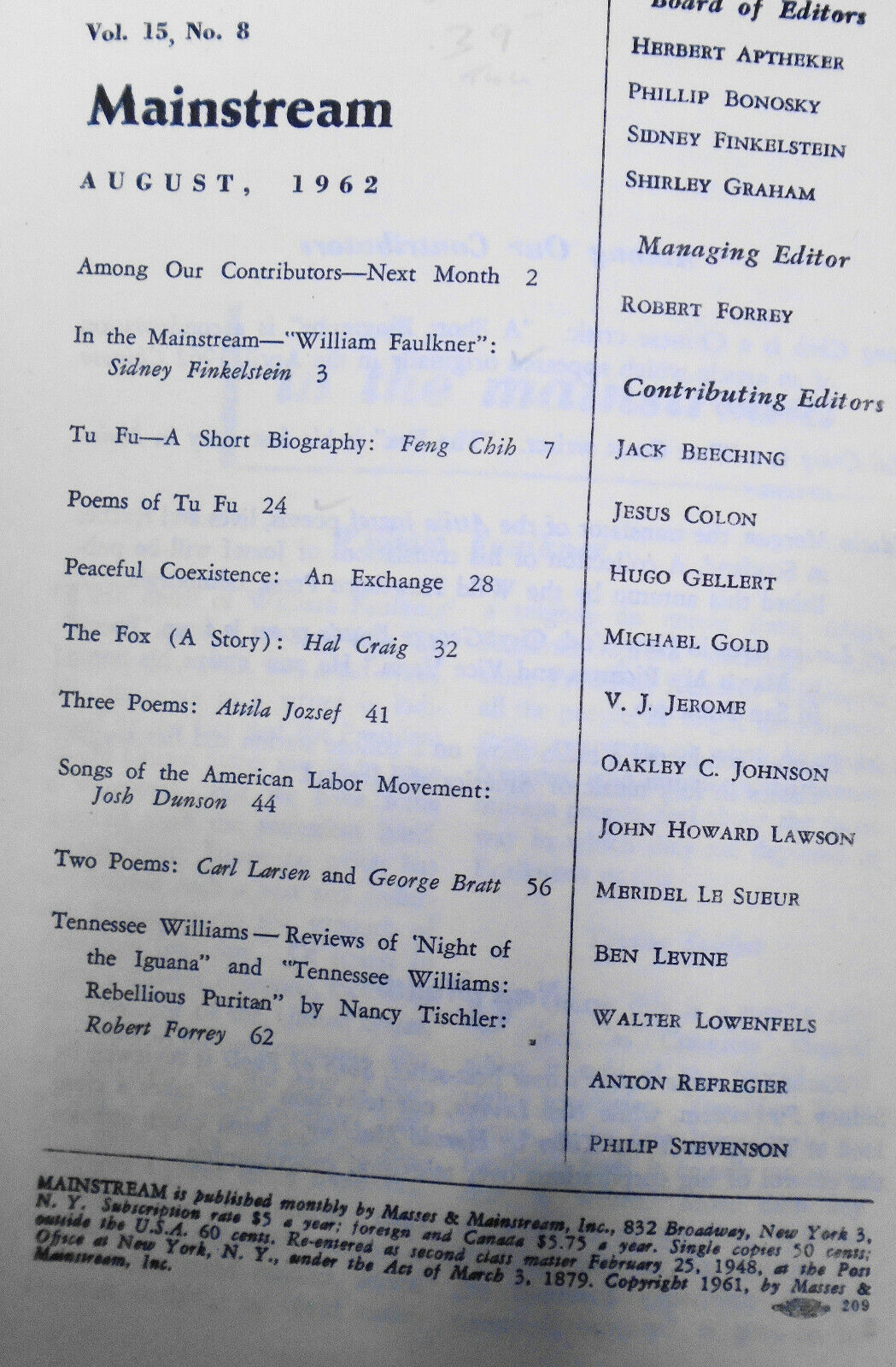 Mainstream, August 1962 - William Faulkner the man and the myths - S Finkelstein