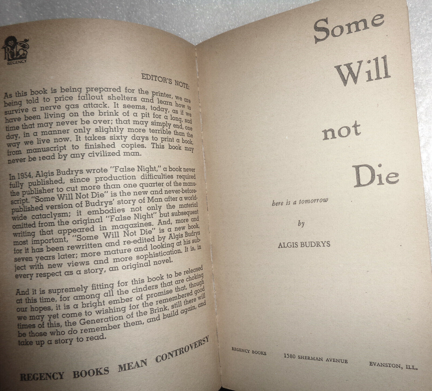 Some Will Not Die, by Algis Budrys. 1961 Regency Books, RB 110 Paperback 1st ed.
