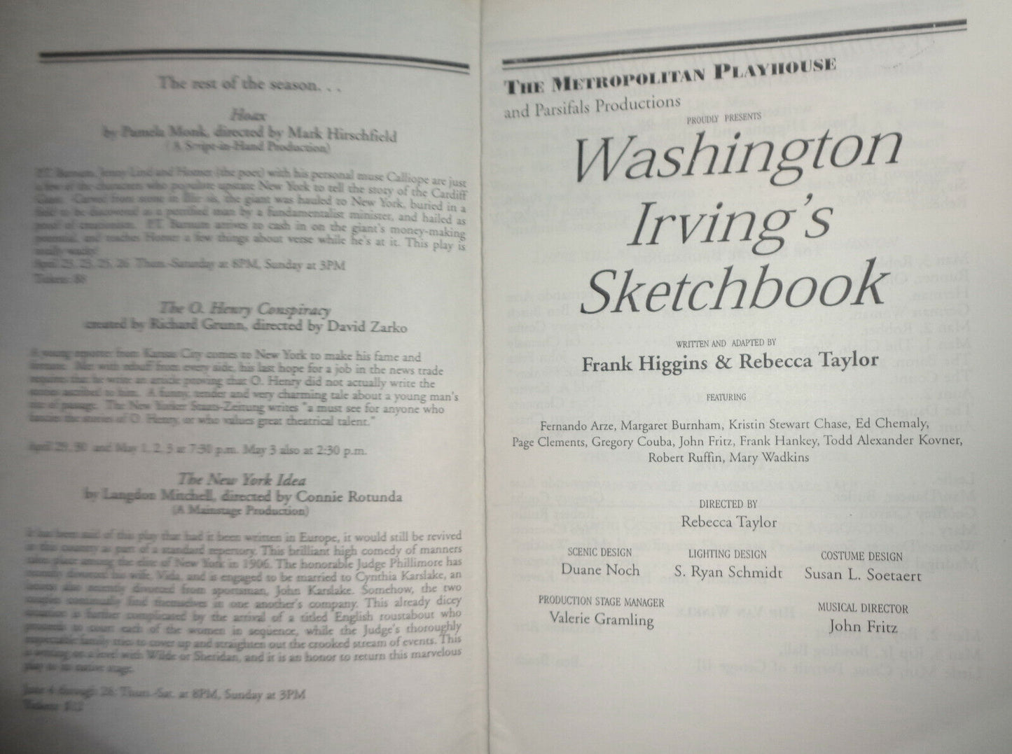 WASHINGTON IRVING'S SKETCHBOOK - PROGRAM - Metropolitan Playhouse, NYC 1998