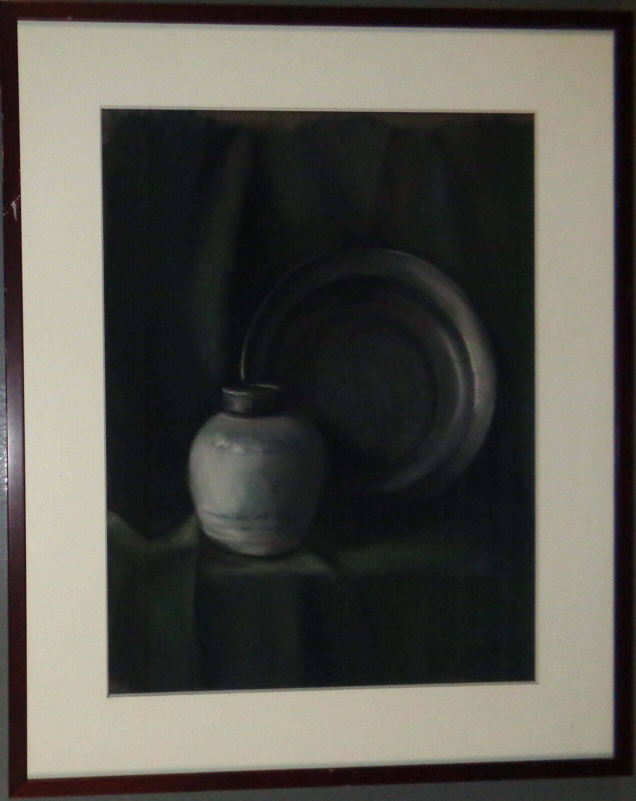Bo Kass : Urn & tarnished silver plate, pastel drawing - Signed original, framed