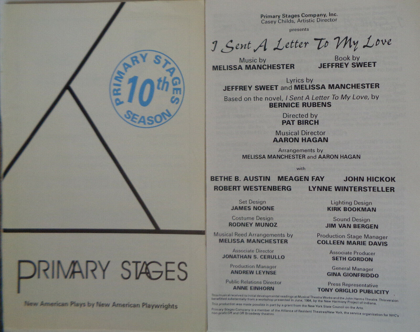 "I SENT A LETTER TO MY LOVE" - Souvenir Program, Melissa Manchester music 1994