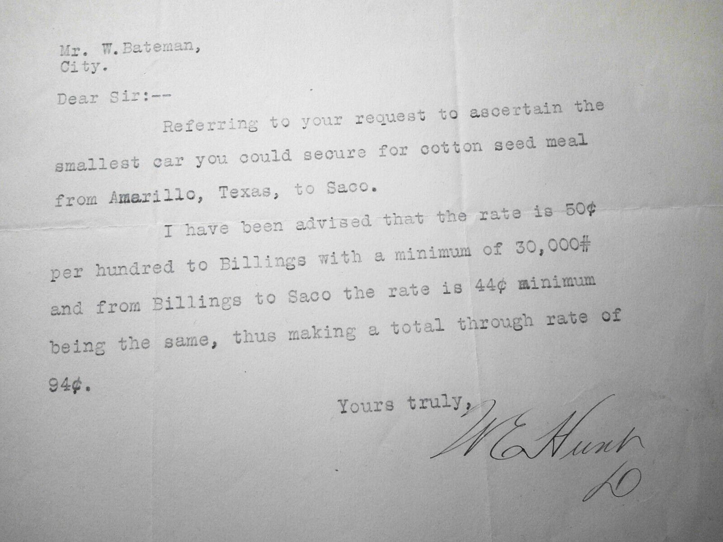1917 Great Northern Railway Company - Letter with quote from Amarillo TX to Saco