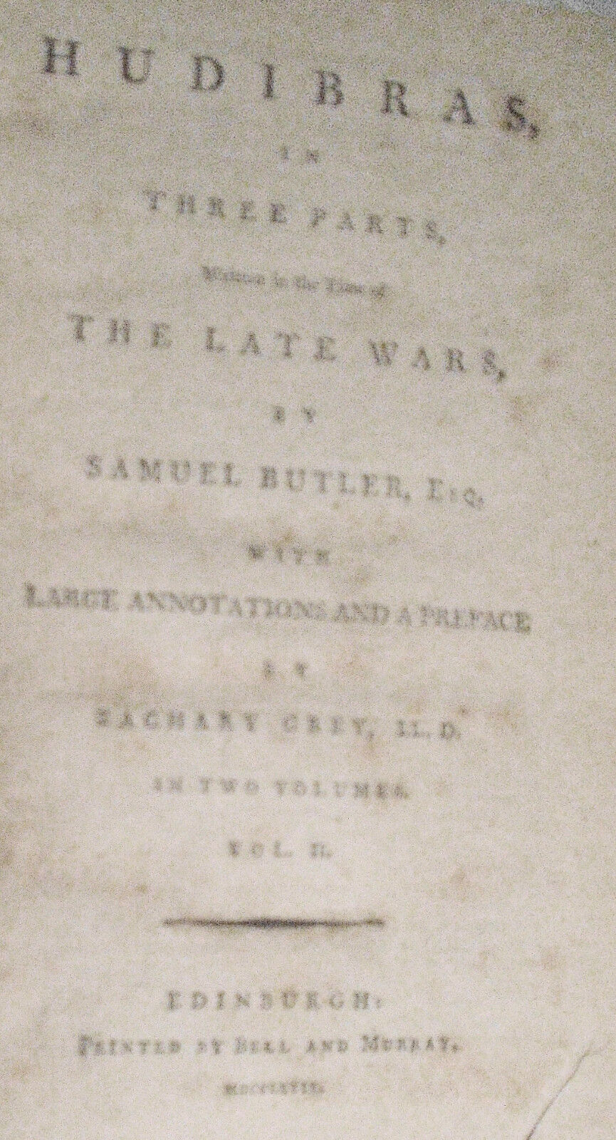 1779 Hudibras, by Samuel Butler. 2 Volumes set.