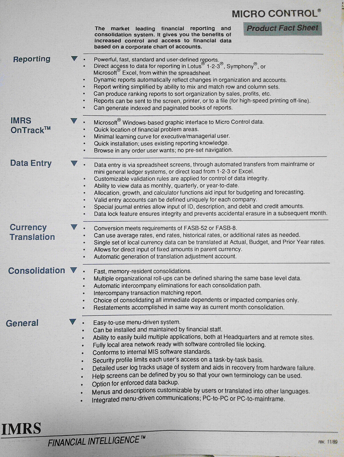 IMRS Financial Intelligence Software, Promotional literature & 1990 Press kit.