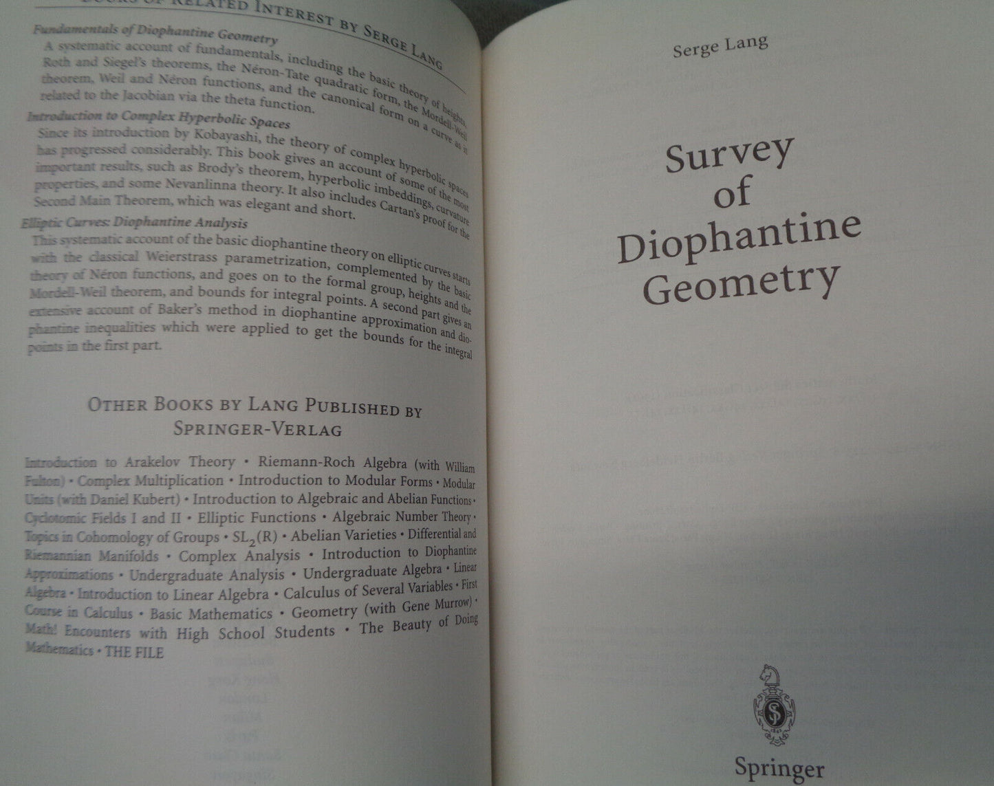 Survey on Diophantine Geometry by Serge Lang (1997, Paperback)