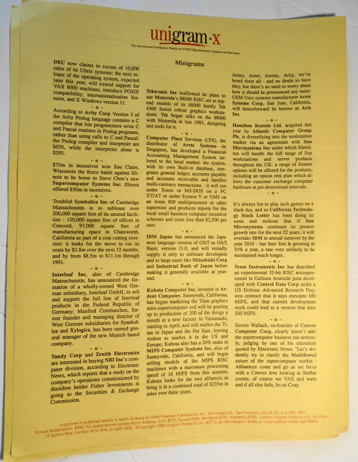Unigram X - March 21, 1988 - weekly for UNIX manufacturers, suppliers, end-users