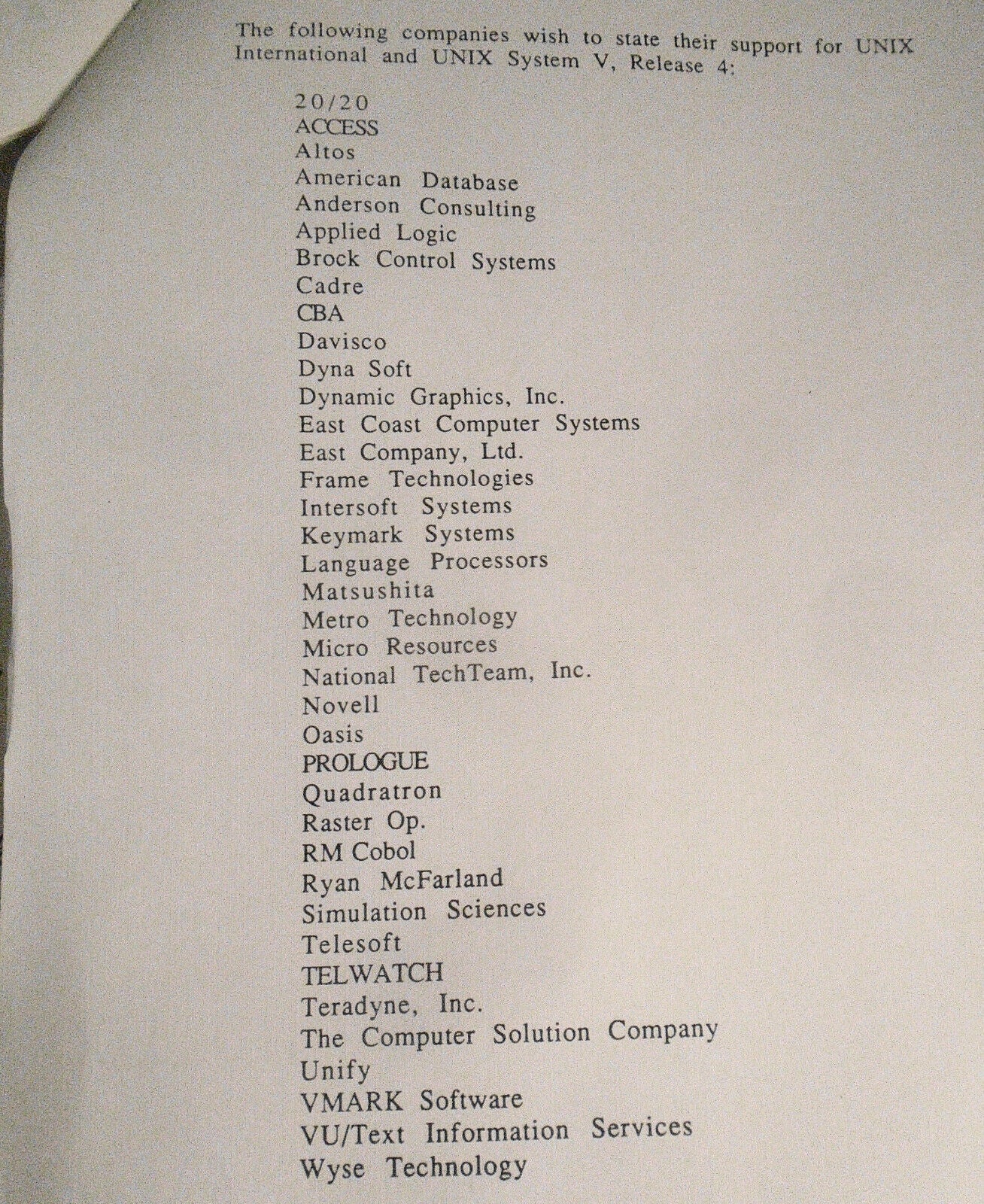 1989 Statements of support by 172 companies for UNIX System V, Release 4