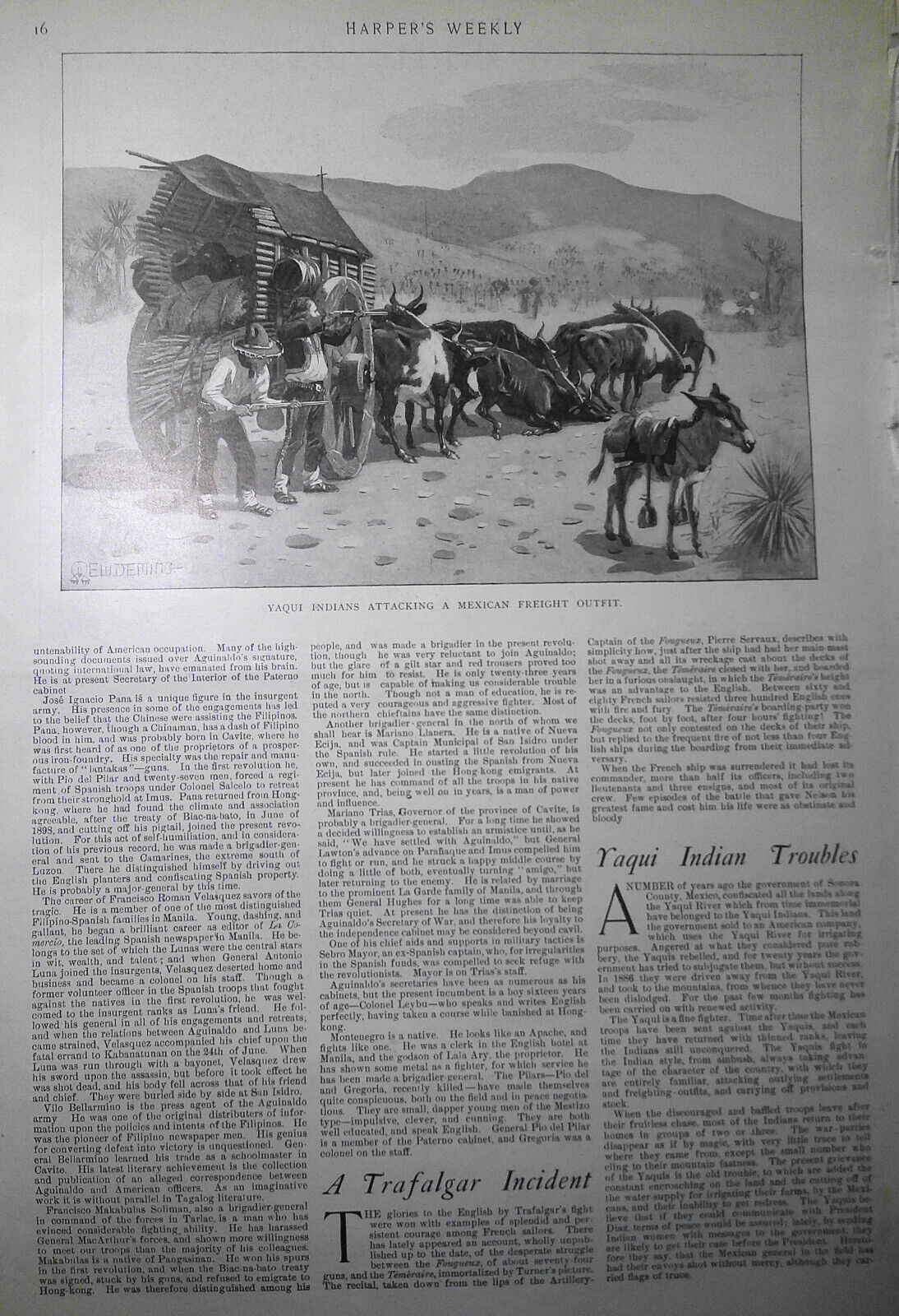 Yaqui Indians attacking a Mexican freight outfit - Harper's Weekly 1900 original