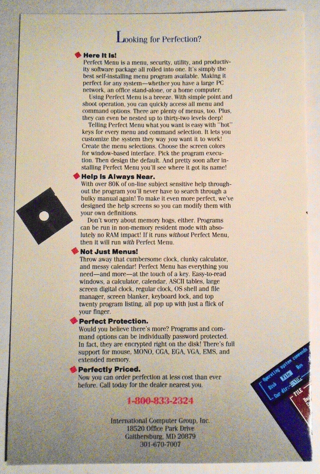 Perfect Menu - LAN Front-End Menu Program (with e-mail). IBM 5 1/4" Demo Program