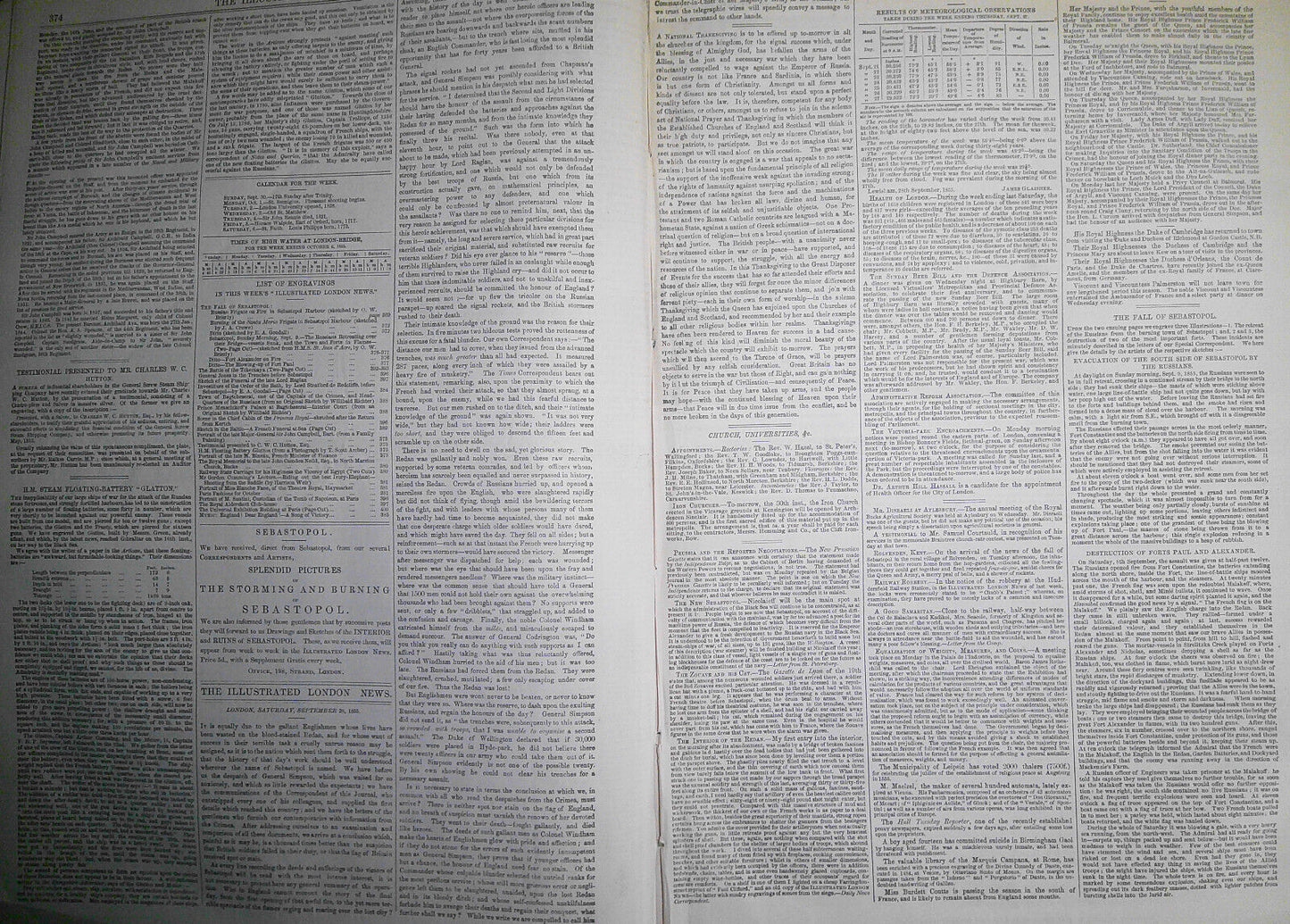 Illustrated London News Sept. 29, 1855 - Fall of Sebastopol; Glatton Battery etc