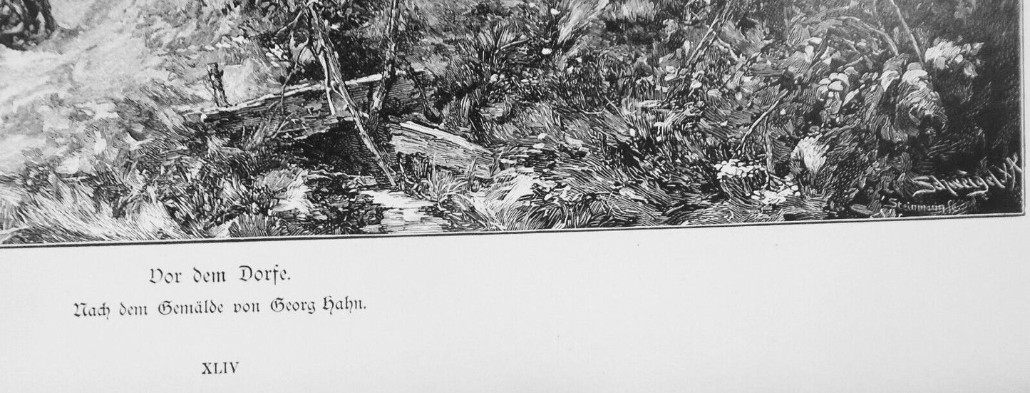 Vor Dem Dorfe, von Georg Hahn - 1886 - Original antique print - 16 x 11 inches