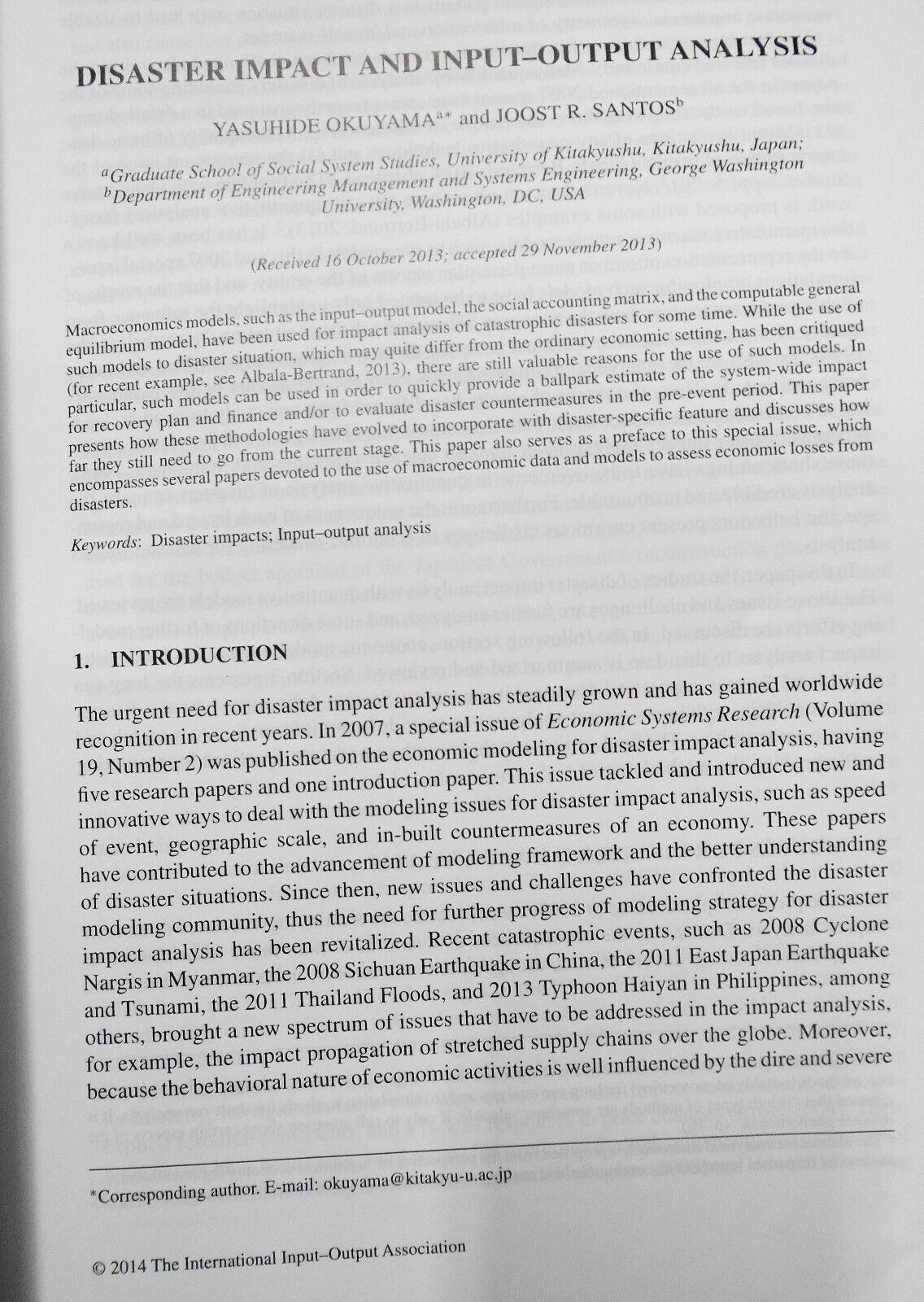 Economic Systems Research, March 2014 - Disaster Impact & Input-Output Analysis