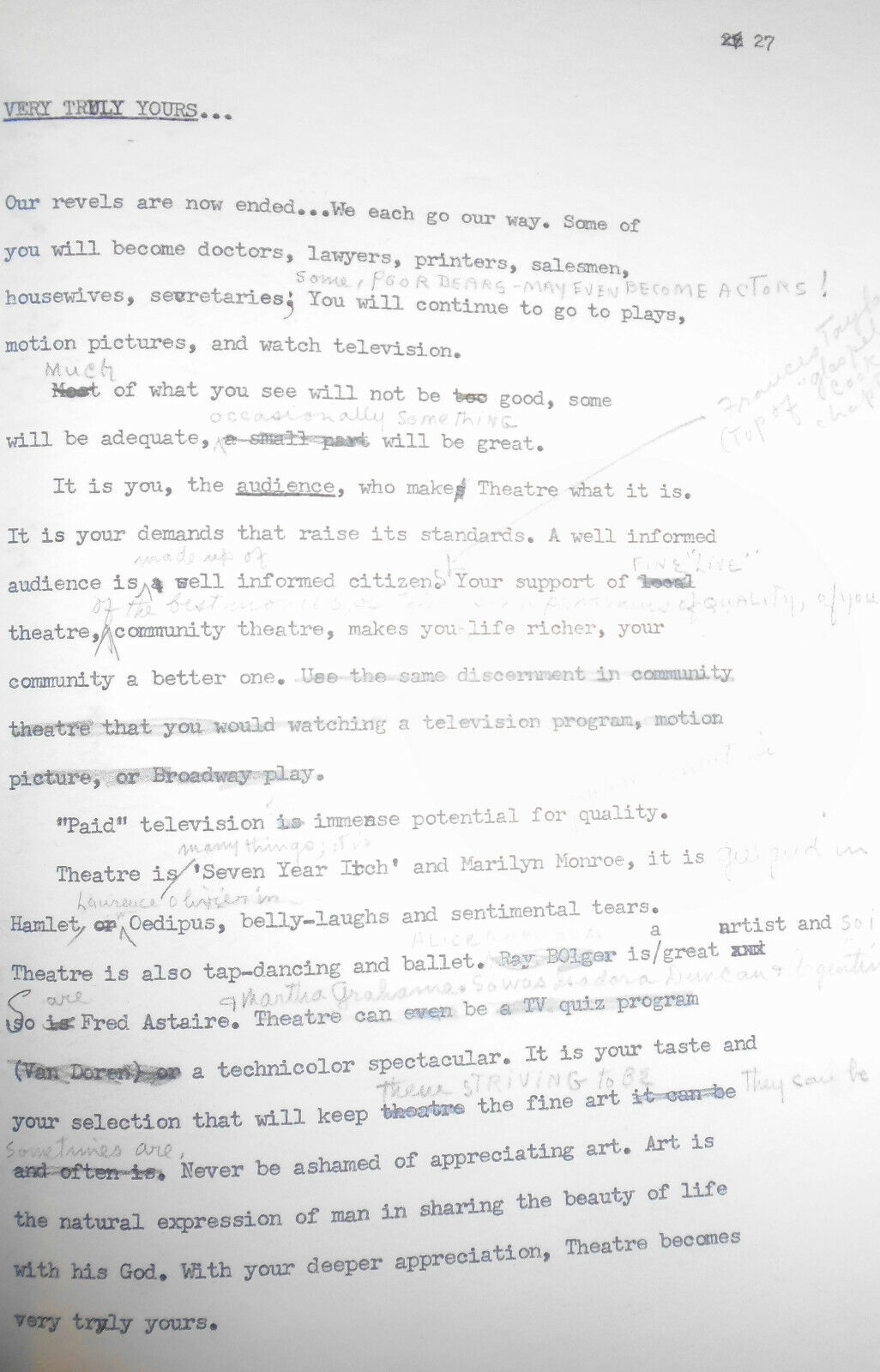 Actress Blanche Yurka - Dear Audience - Typed and handwritten outline Manuscript