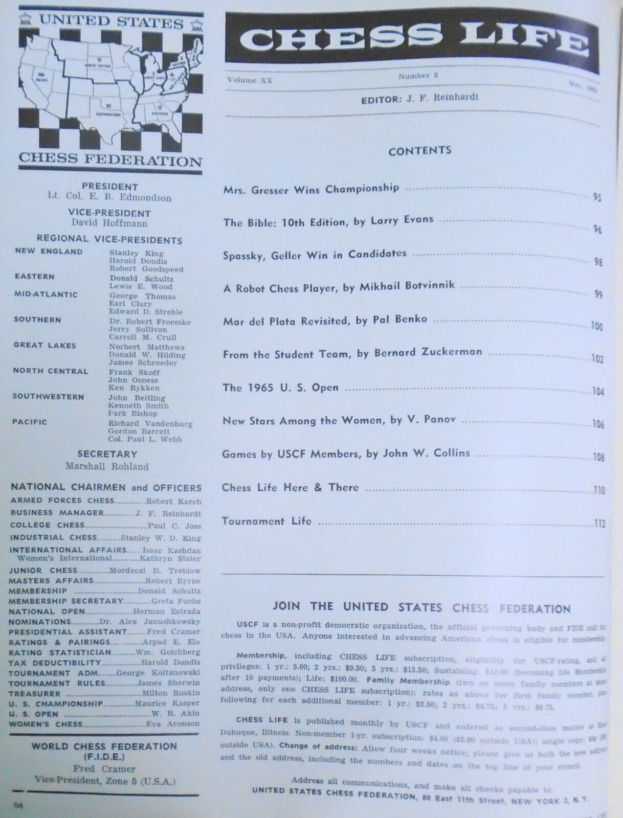 Chess Life, May 1965 - Botvinnik: Robot Chess Player, Mar del Plata, etc.