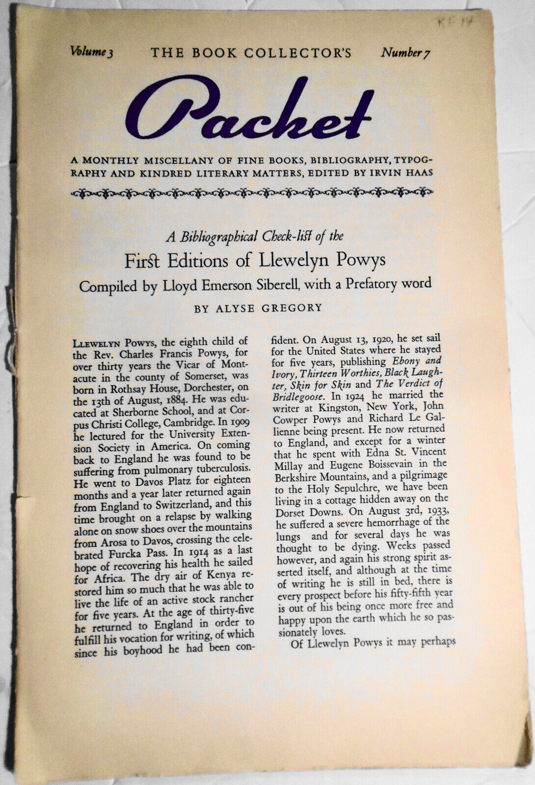 Book Collector's Packet, March 1939 - First Editions of Llewelyn Powys, etc..
