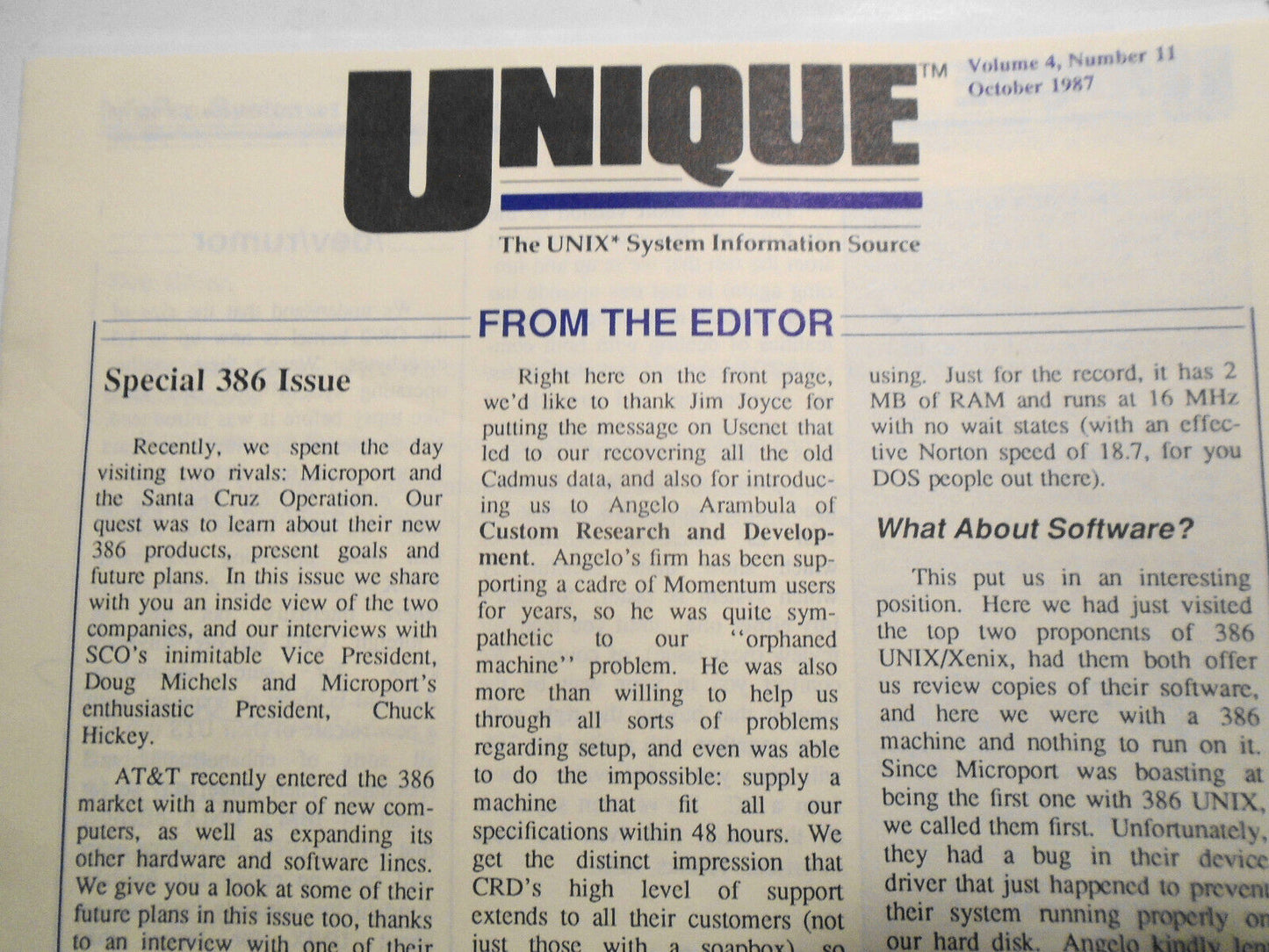 UNIQUE: The UNIX System Information Source, Vol. 4, No. 11, October 1987