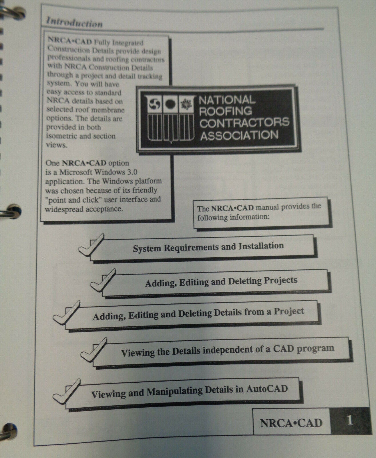 NRCA CAD Fully Integrated Construction Details Package - User Guide, V.1.1, 1992