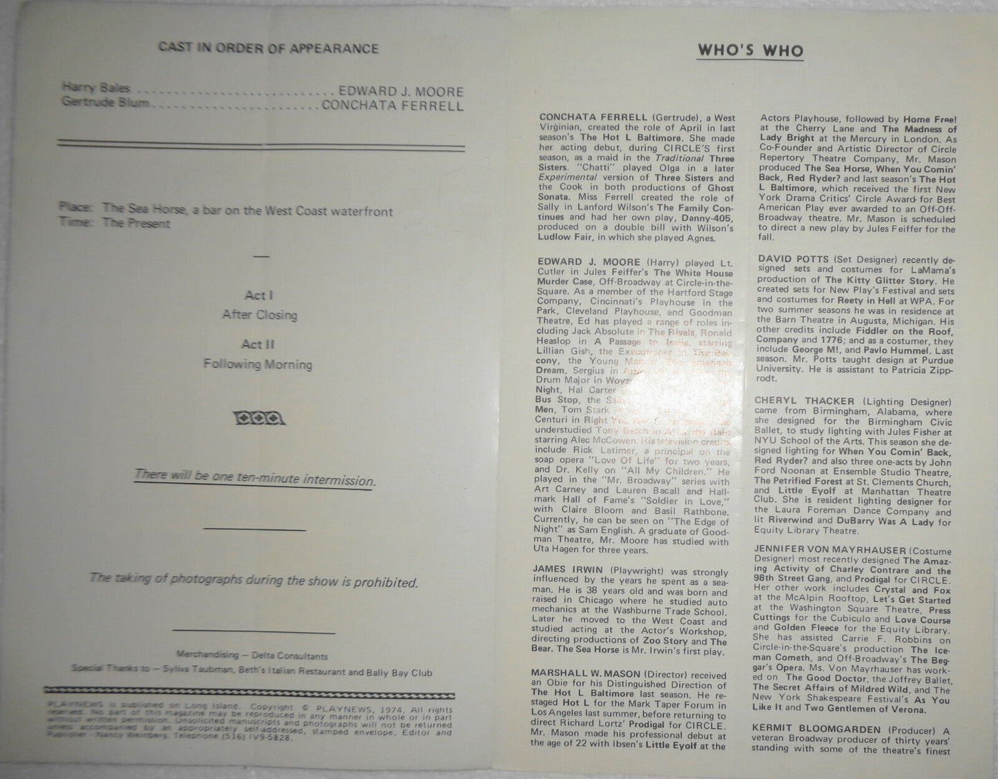 THE SEA HORSE - PROGRAM - 1974. NEW YORK: THE WESTSIDE THEATER
