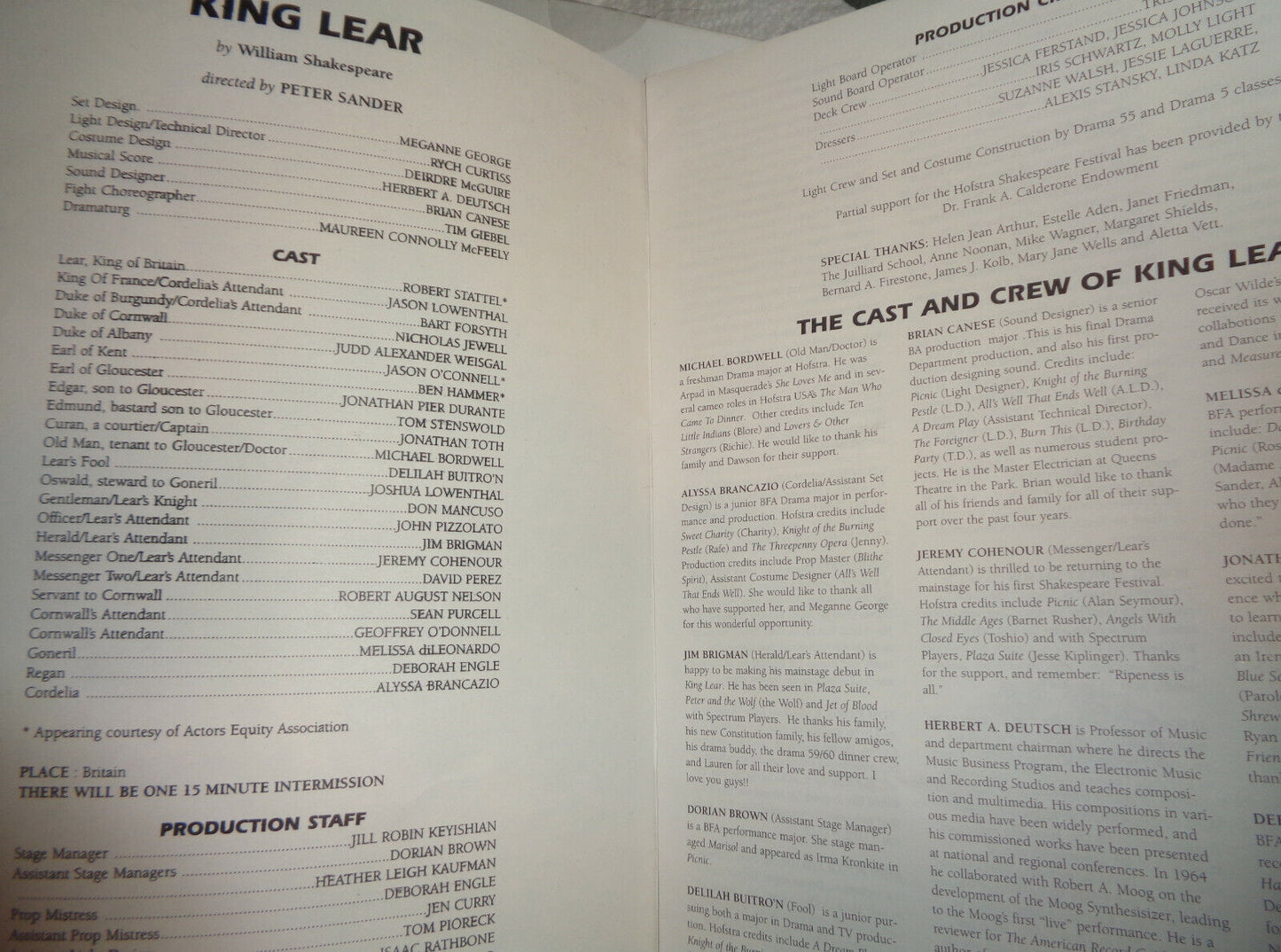 KING LEAR - PROGRAM - HOFSTRA UNIVERSITY 50th Annual Shakespeare Festival, 1998.