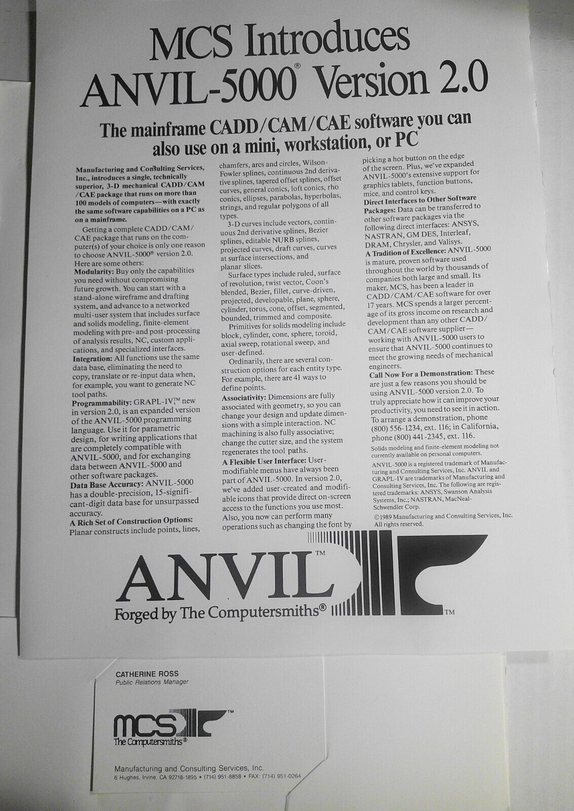 ANVIL-5000 3D CADD/CAM Software Press Kit, 1989. By MCS.