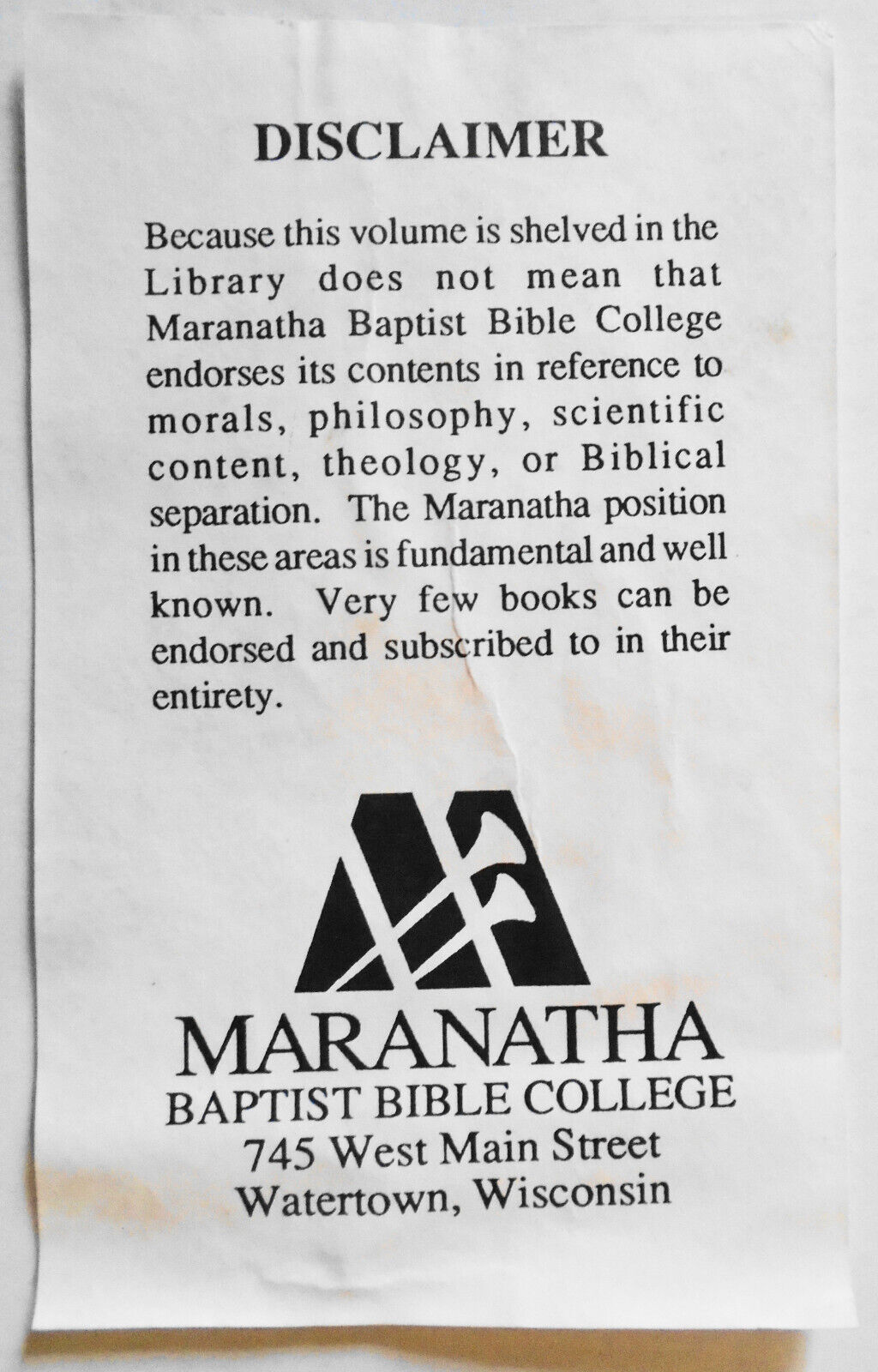 Maranatha Baptist Bible College Ex Libris Bookplate (Disclaimer)