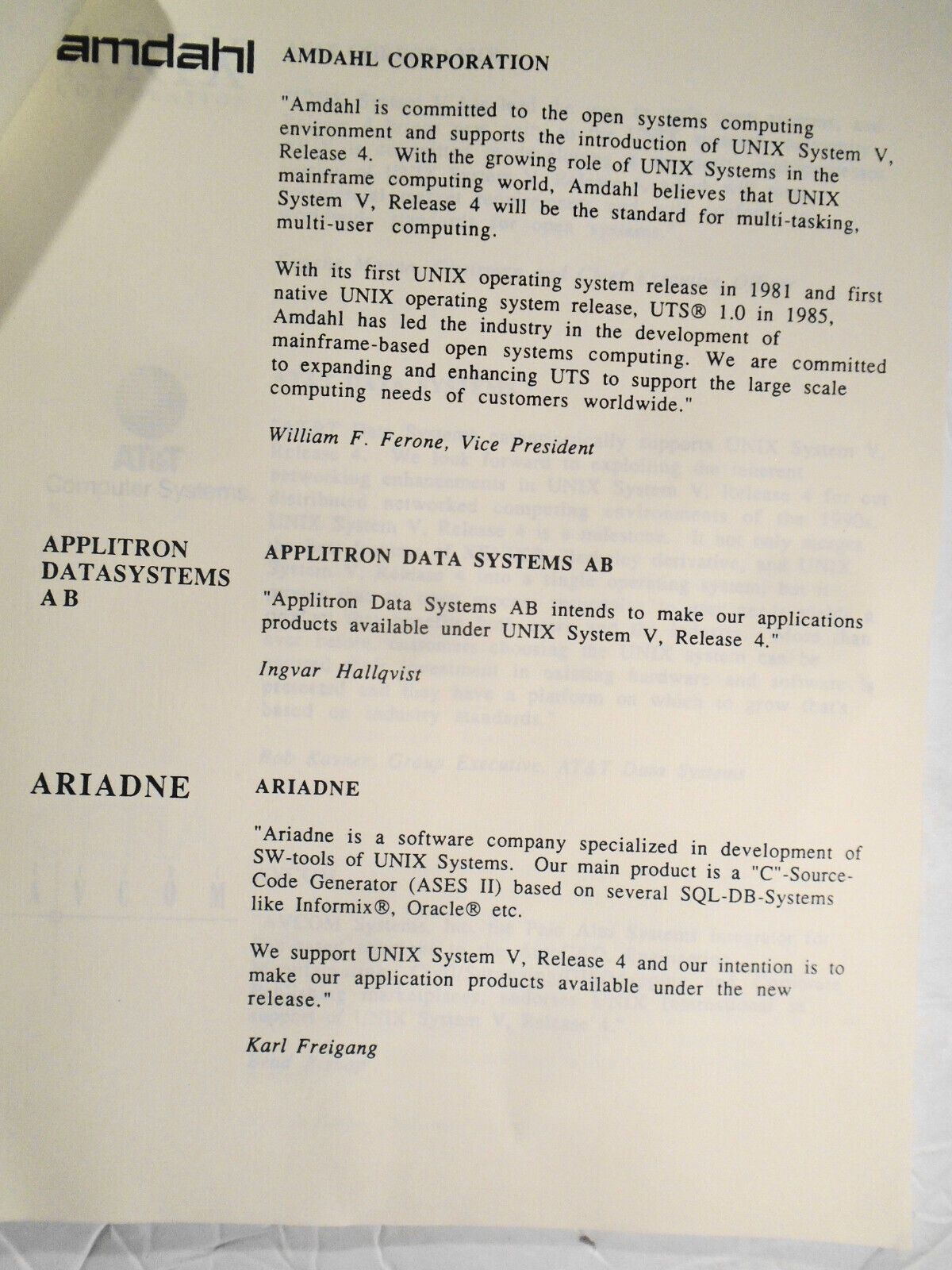 1989 Statements of support by 172 companies for UNIX System V, Release 4
