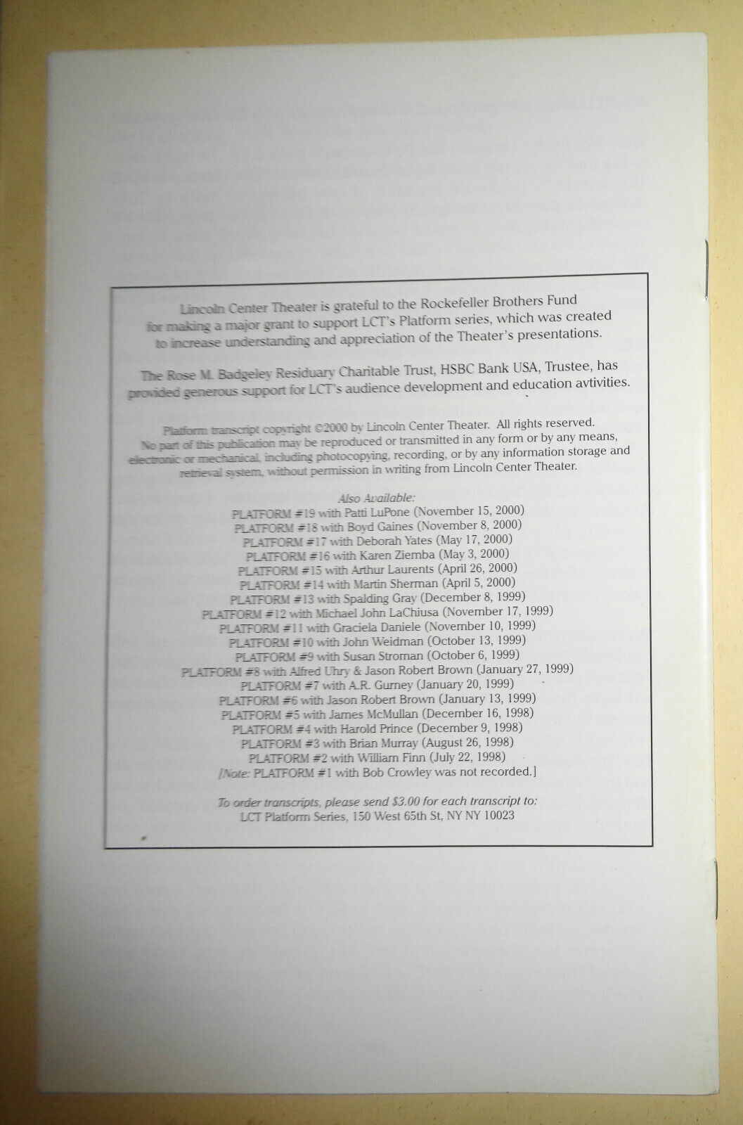 A CONVERSATION WITH WENDY WASSERSTEIN - PLATFORM #20 - Nov 2000 - LINCOLN CENTE