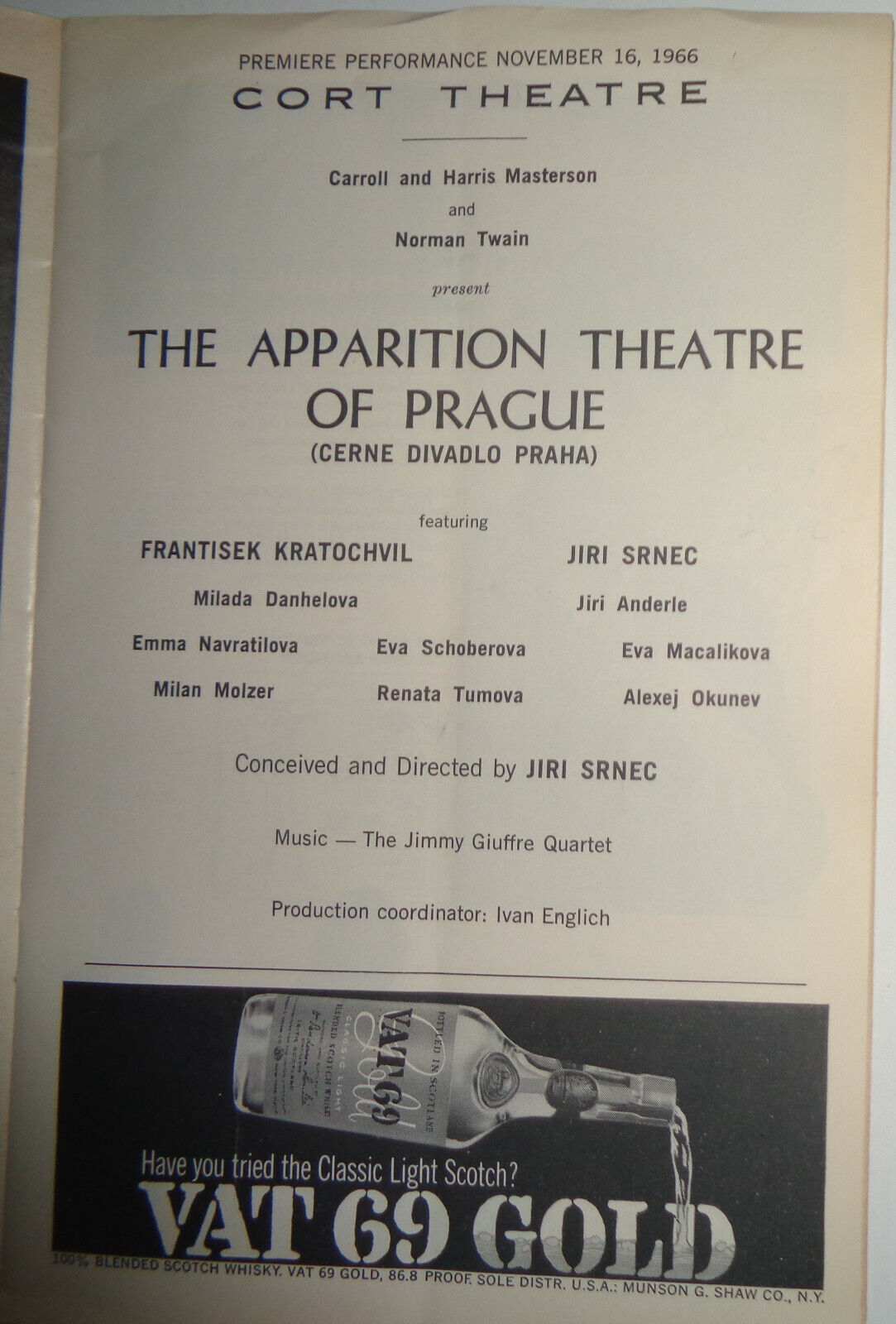 APPARITION THEATRE OF PRAGUE - PLAYBILL - PREMIERE PERFORMANCE - NOV 16, 1966