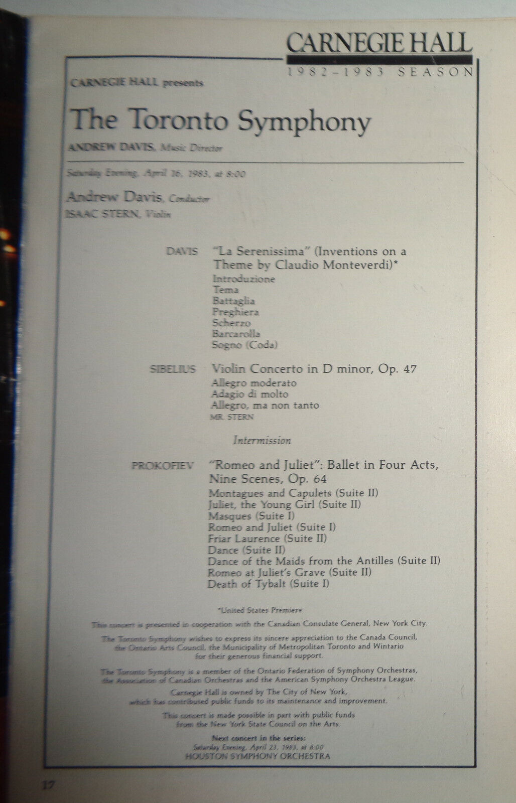 THE TORONTO SYMPHONY, ISAAC STERN - CARNEGIE HALL STAGEBILL - APRIL 1983.