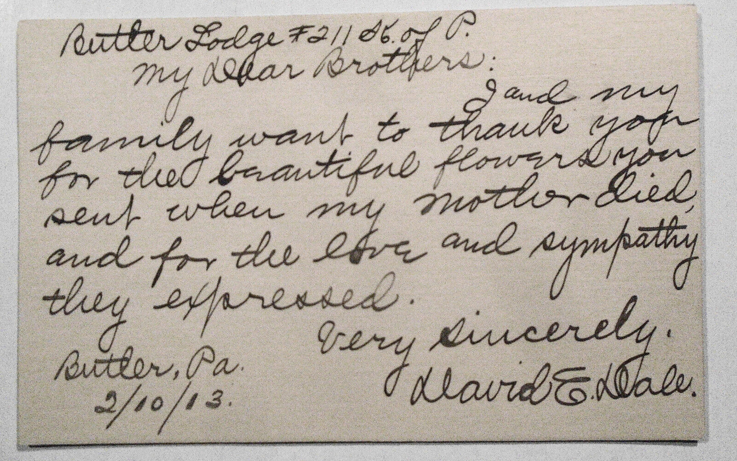 1913 Masonic correspondence - Butler Lodge No. 211, Pennsylvania. Thank you card