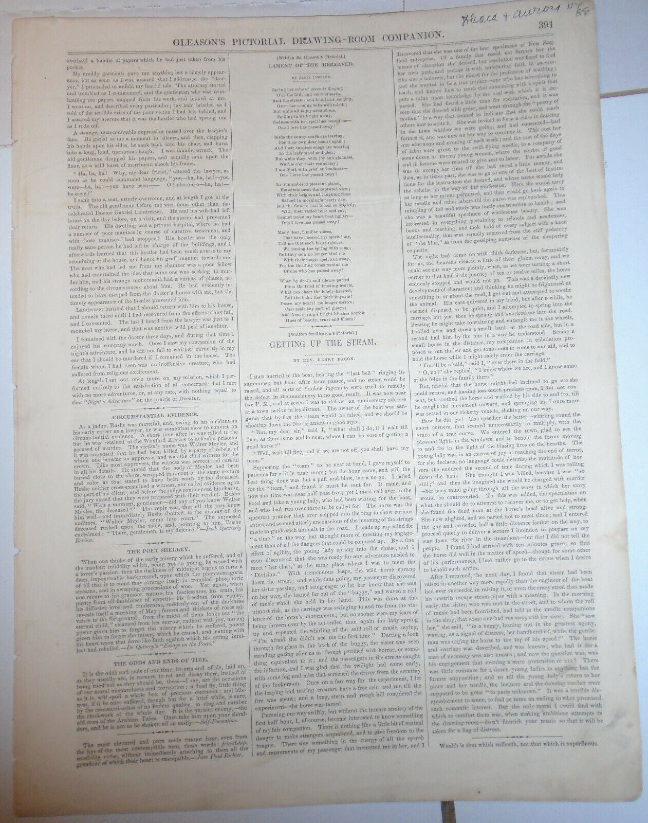 Scenes In New York - 1852 Gleason's Pictorial -- 2 Pages, Story & 4 Prints