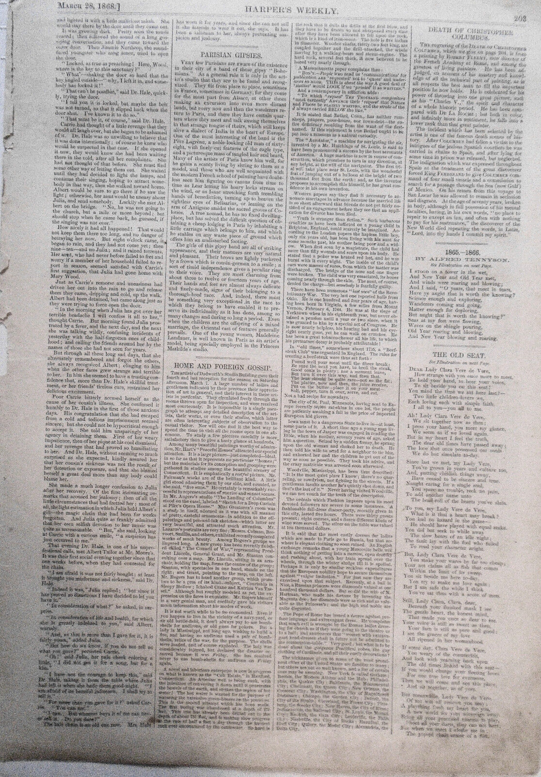 "The Death Of Columbus" (Story On Verso) - Harper's Weekly, March 28, 1868