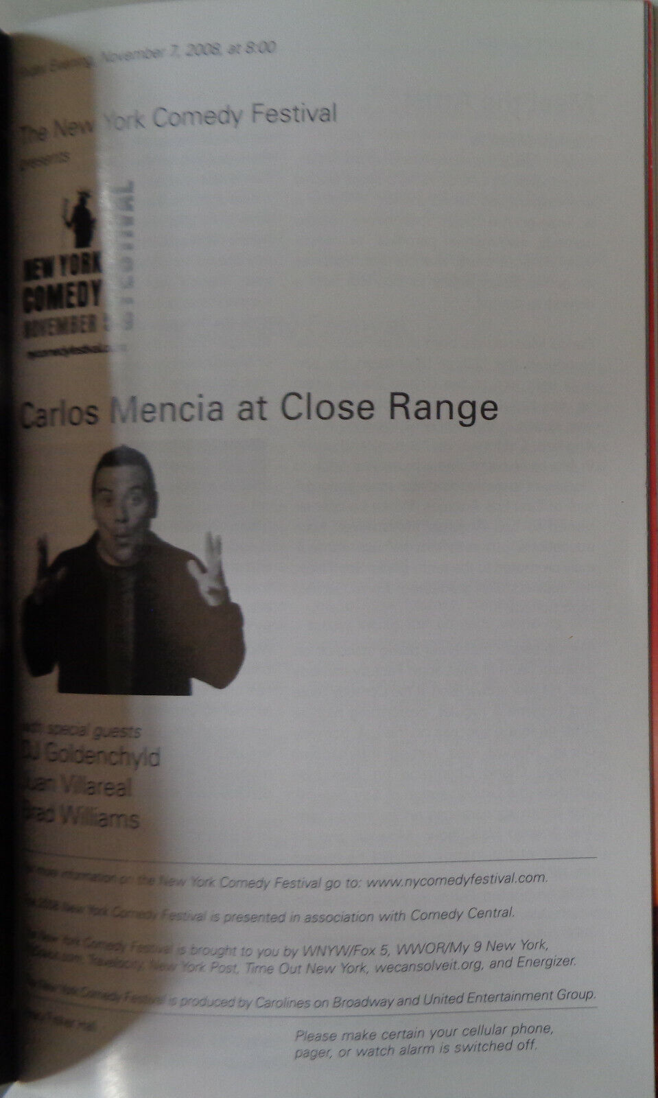 CARLOS MENCIA AT CLOSE RANGE - PLAYBILL - NOV. 7, 2008 Lincoln Center